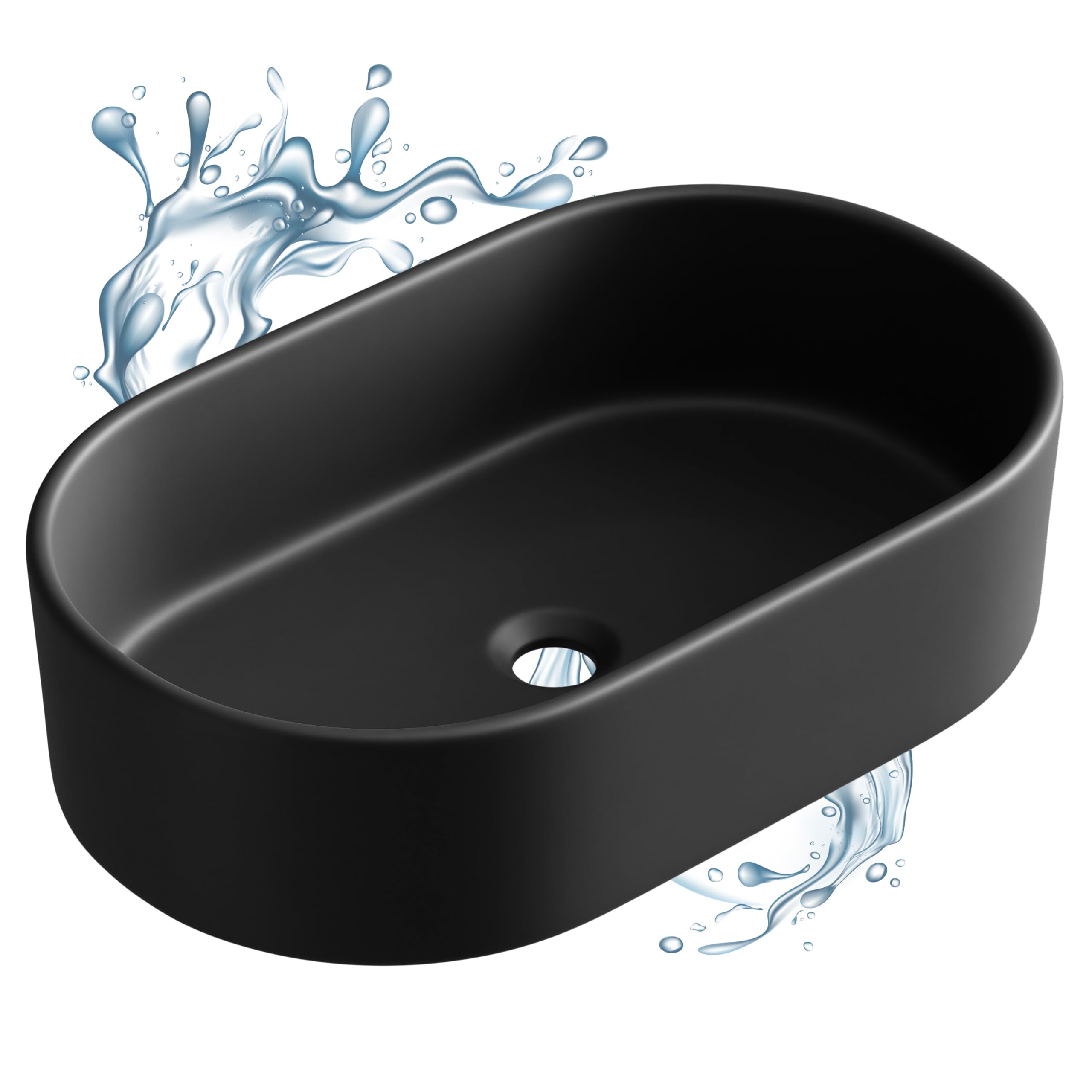 Planetmöbel Aquil Elegant Oval Bathroom Sink | Modern Countertop Wash Basin for Bathroom & Powder Room | No Tap Hole & Overflow | Black Ceramic Vessel Sink, 21.7