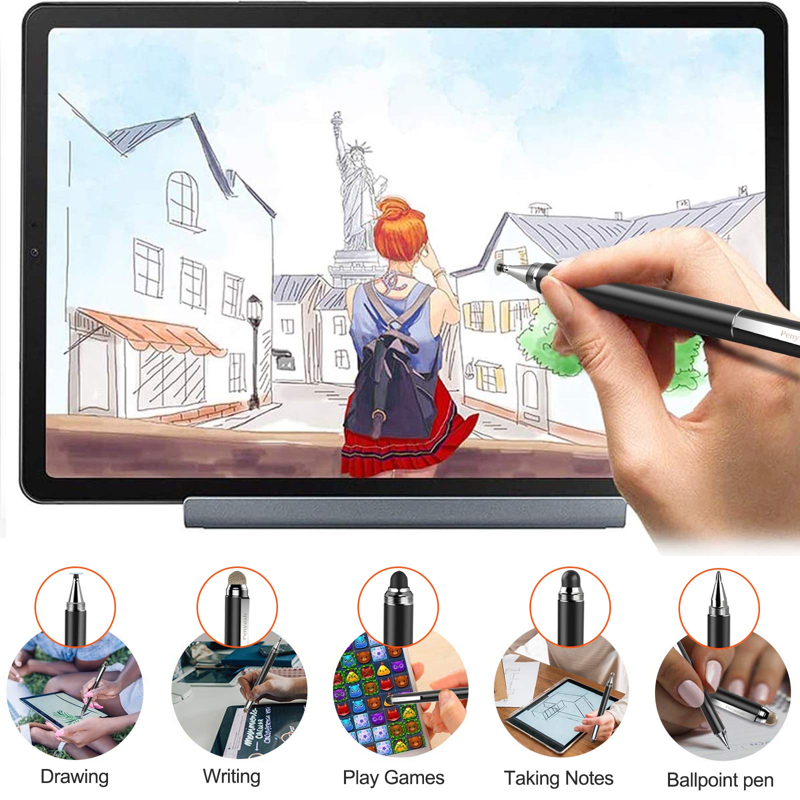 Penyeah 4-in-1 Stylus Pen for Touch Screens - High Precision Capacitive Stylus with 4 Replacement Tips, Compatible with iPhone, iPad, Tablets & Laptops (Black) - Perfect for Drawing, Note-Taking & Digital Art