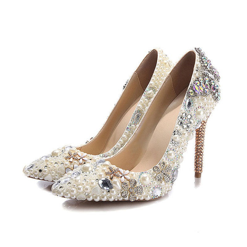 Elegant Women's Stiletto Heel Pointed Toe Shoes – Bridal & Bridesmaid Pearl Embellished High Heels for Weddings, Parties & Special Occasions