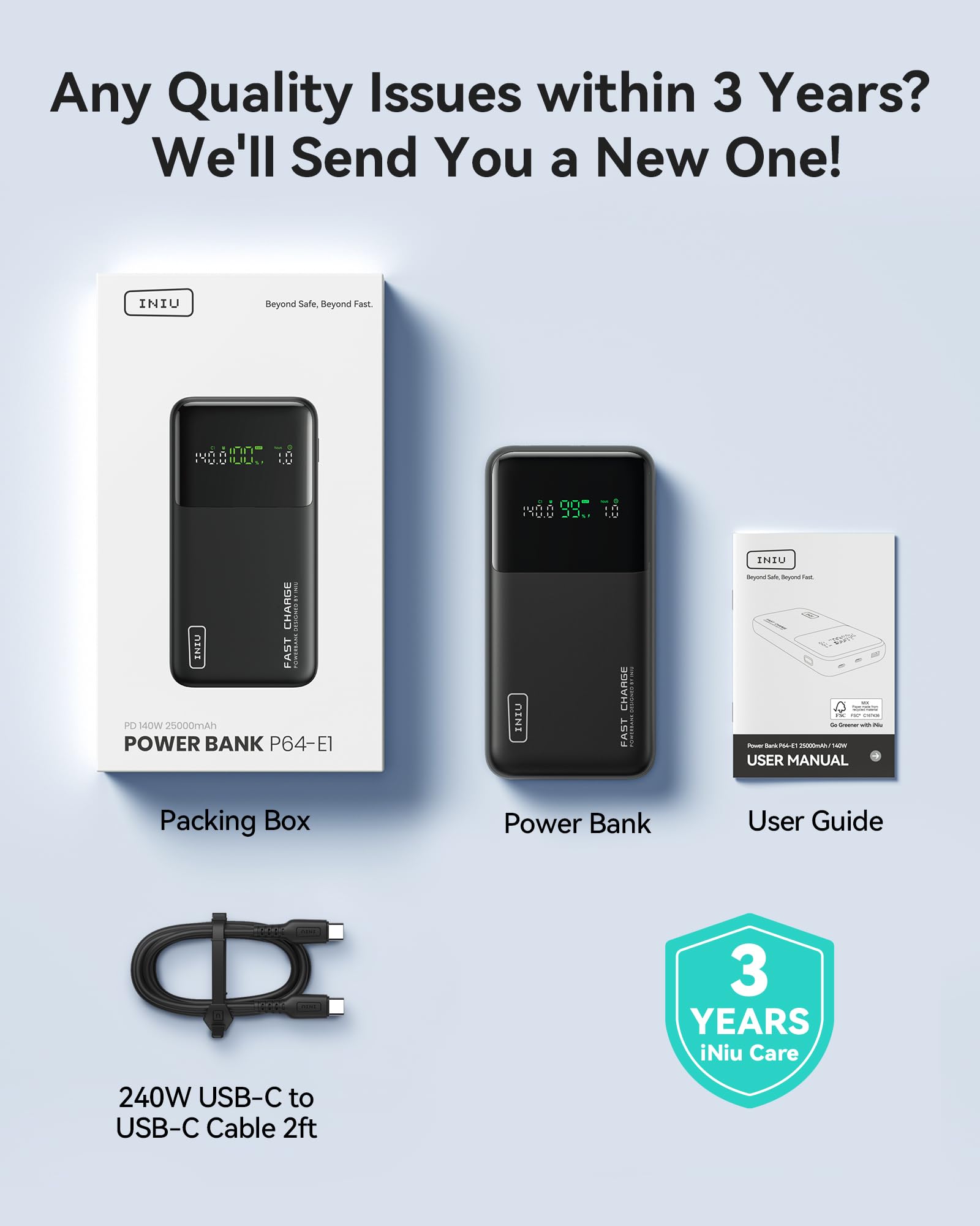 INIU 140W Power Bank 25000mAh - High-Speed Portable Charger with USB-C PD for iPhone 16/15, Samsung Galaxy, iPad, MacBook - Compact Laptop Power Bank with Smart Digital Display - Perfect for Travel, Camping & Emergency Charging