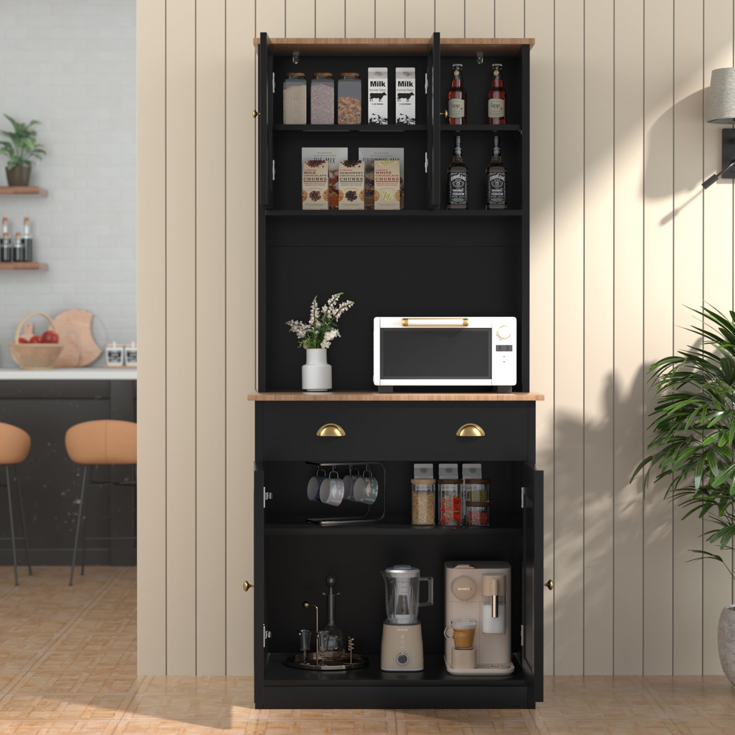 VEIKOU 72 Inch Kitchen Pantry Storage Cabinet with Buffet Hutch - Freestanding Organizer with Glass Doors & Adjustable Shelves - Black Modern Kitchen Cabinet with Upgraded Metal Hinges - Perfect for Dining Room, Kitchen Storage, and Home Organization