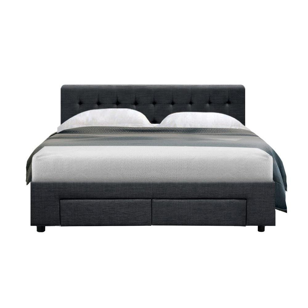 Premium Double Bed Set: Trinity Charcoal Bed Frame, Luna Series Euro Top Medium Firm Mattress & Bamboo Mattress Topper - Perfect for Master Bedrooms, Guest Rooms & Luxury Apartments