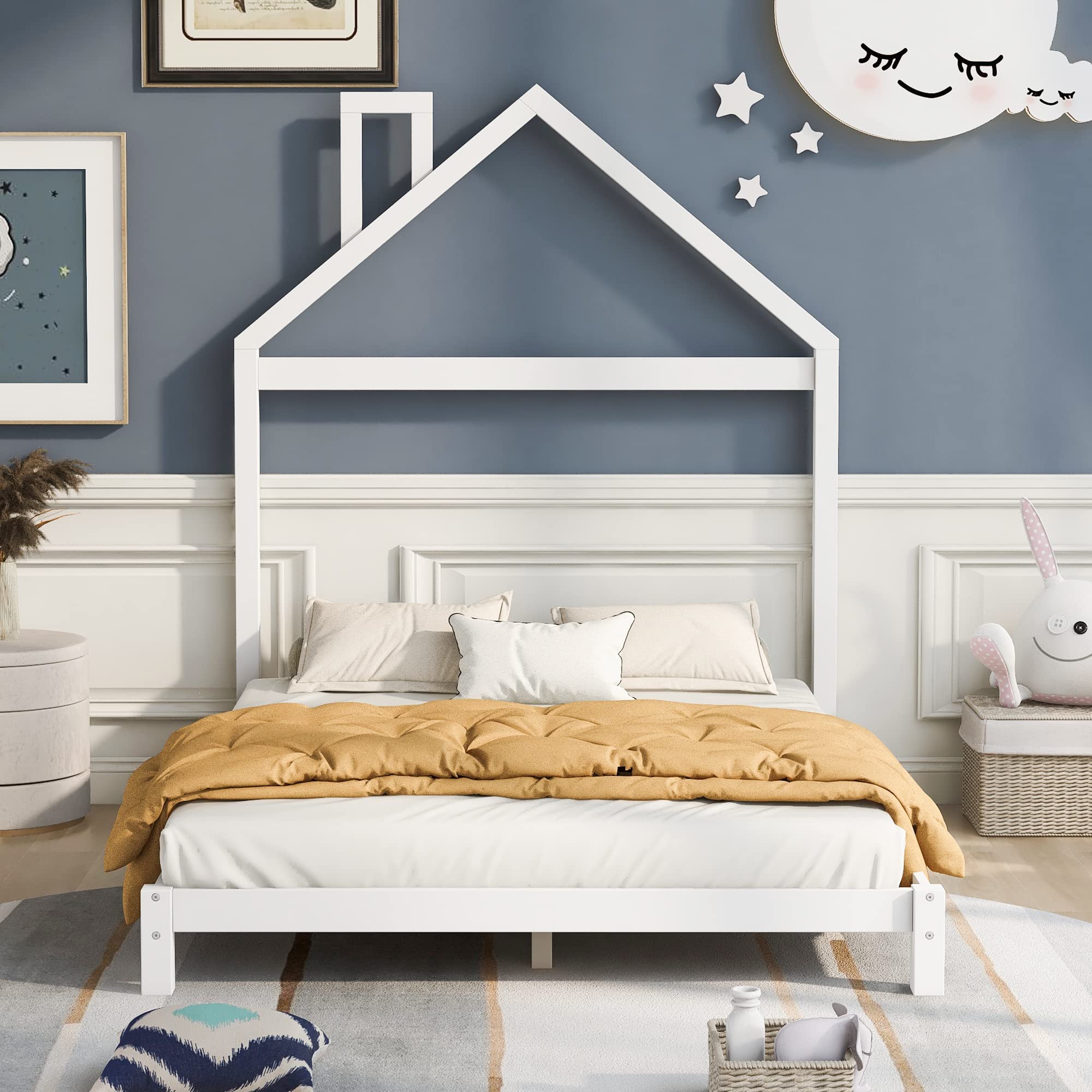Merax Full Size Platform Bed Frame with House-Shaped Headboard - Sturdy Wooden Bed Base, No Box Spring Needed - Perfect for Kids Rooms, Guest Bedrooms & Cozy Home Decor (White)