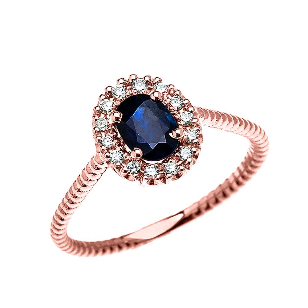 14K Rose Gold Dainty Oval Halo Diamond & Solitaire Sapphire Rope Design Engagement Ring, Promise Ring for Women - Perfect for Proposals, Anniversaries & Special Occasions