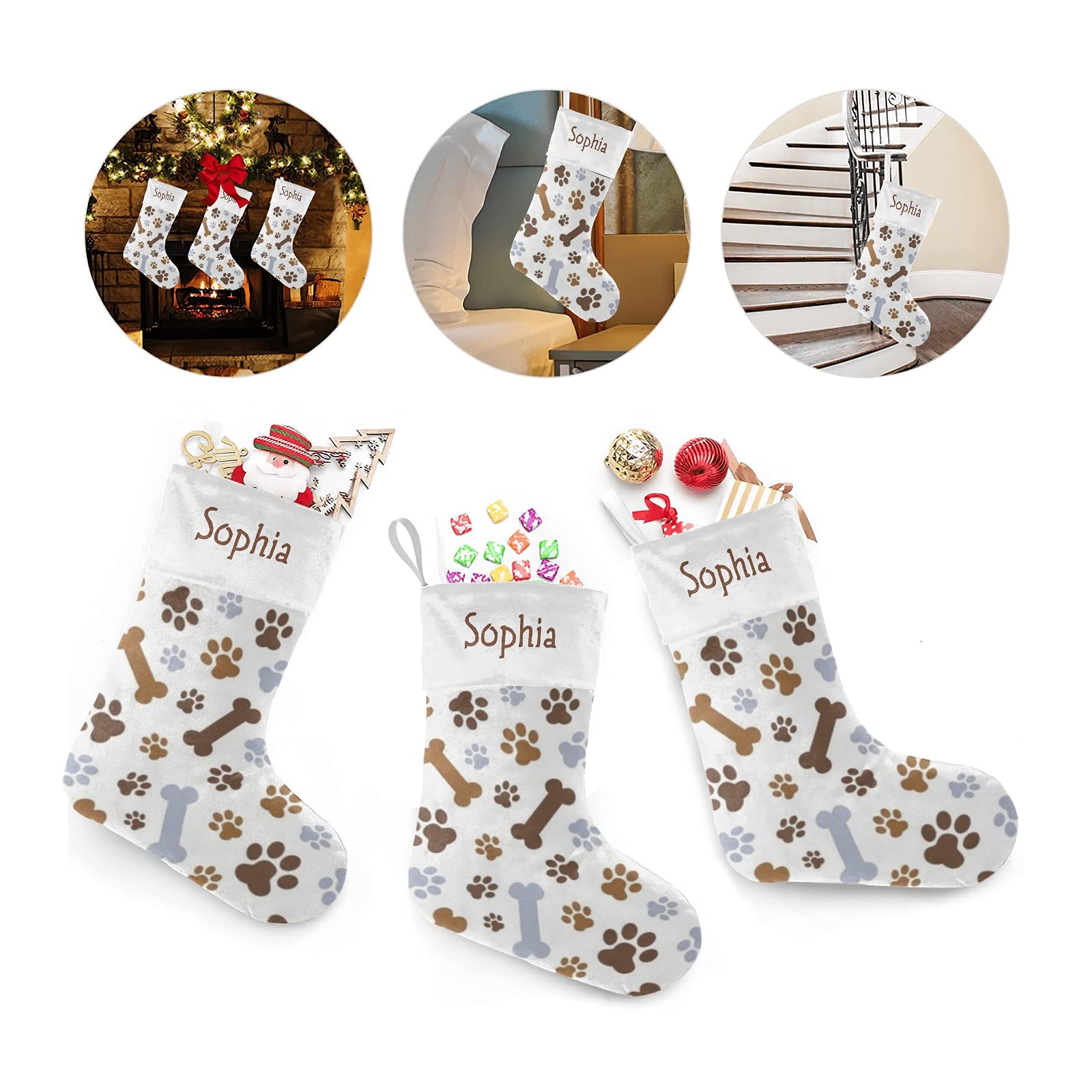 Personalized Dog Paw Bone Pattern Christmas Stockings with Name - Custom Pet Stocking Gift for Boys, Girls & Pets (17.52 x 7.87 Inch) - Perfect for Holiday Decor, Pet Lover Presents & Festive Home Accents