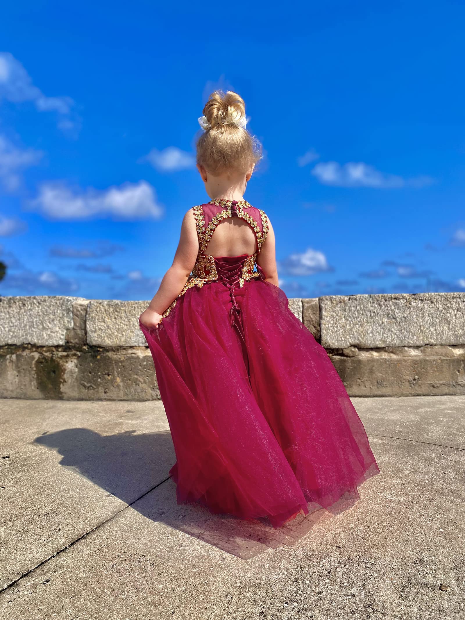 Elegant Gold Lace Burgundy Tulle Pageant Dress for Girls - Formal Long Prom Ball Gown for Special Occasions, Weddings & Dance Performances