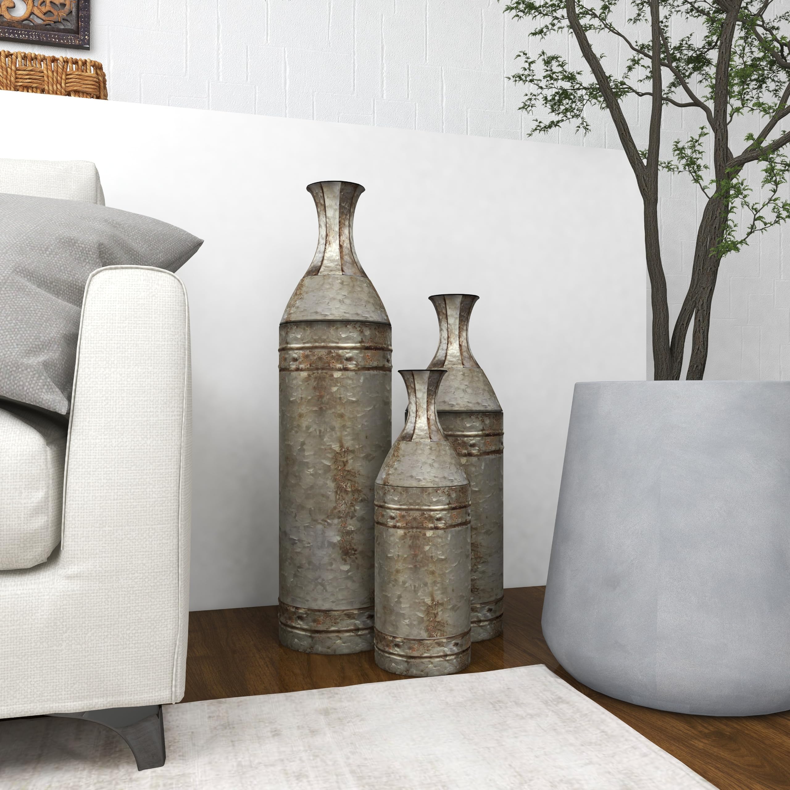 Deco 79 Handmade Metal Floor Vase Set of 3 - Tall Galvanized Studded Centerpiece Vases (43