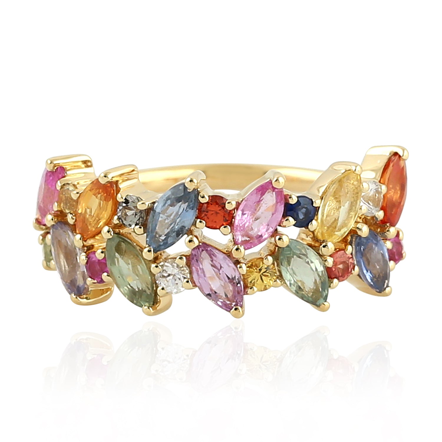 Exquisite 18K Yellow Gold Marquise Cut Multicolor Sapphire Designer Band Ring for Women | Elegant Jewelry Gift for Anniversary, Engagement & Special Occasions