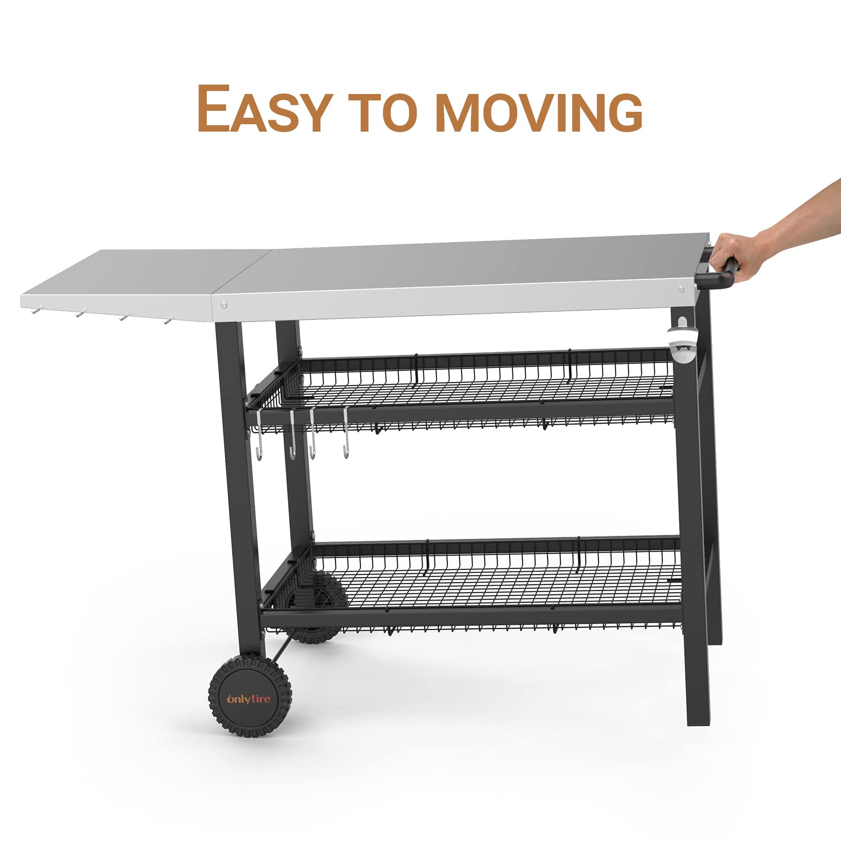 OnlyFire Stainless Steel Pizza Oven Cart for Ooni, Ninja Woodfire, Blackstone - Outdoor Grill Prep Table with Storage Basket & Wheels | Portable Cooking Station for Backyard, Patio & Camping Pizza Parties