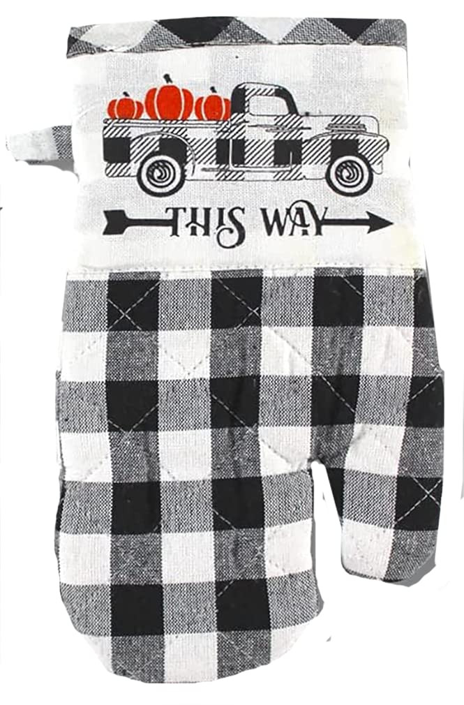 4-Piece Fall Kitchen Set - Buffalo Plaid Pickup Truck with Pumpkins Print - Includes 2 Towels, 1 Potholder & 1 Oven Mitt - Decorative & Functional Kitchen Accessories for Thanksgiving, Autumn Decor & Cozy Farmhouse Style