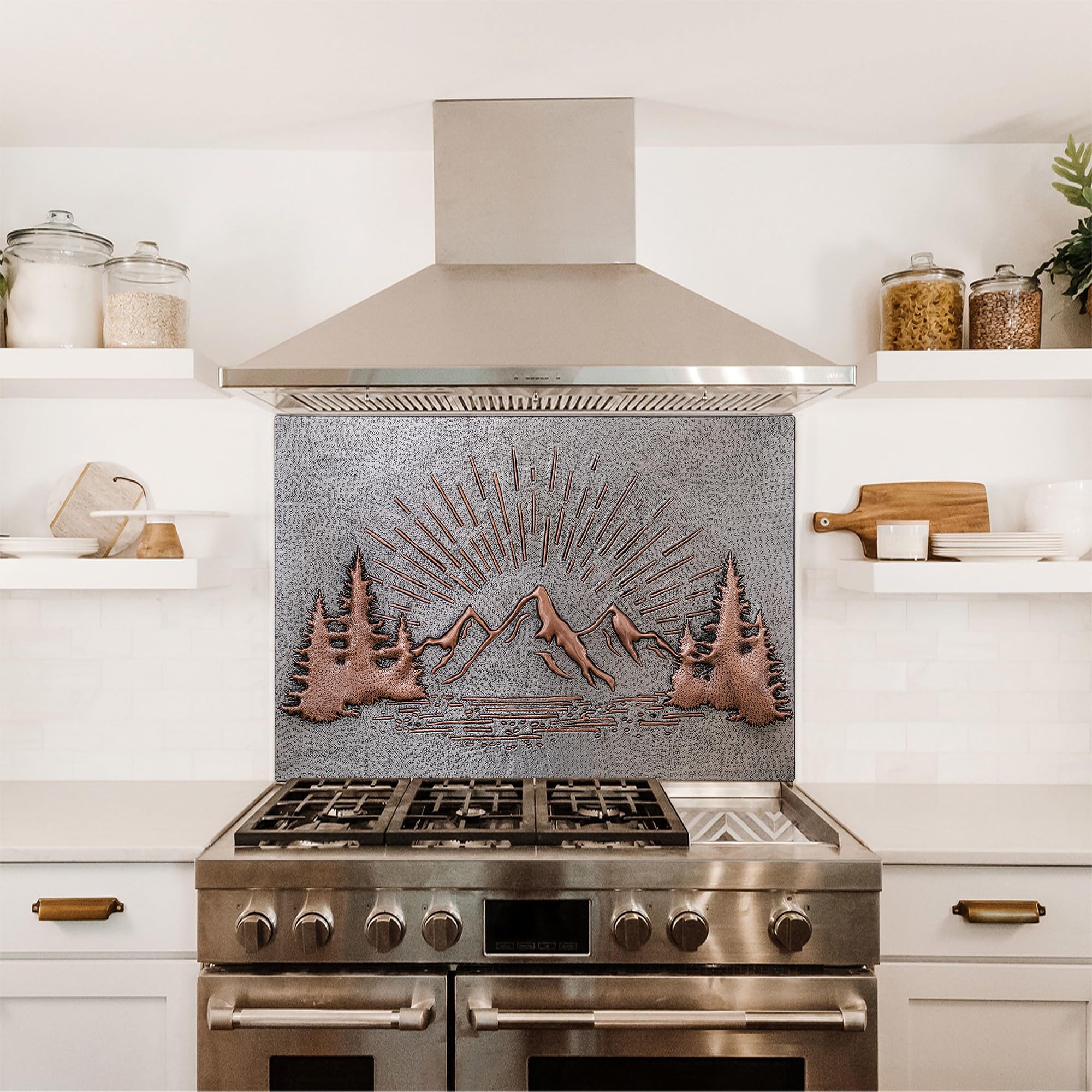 Handmade Copper Kitchen Backsplash Tile - Mountain Sunrise Design, Nature-Inspired Copper Backsplash Panel for Indoor/Outdoor Wall Decor (Gray & Copper) | Perfect for Kitchen Remodel, RV, and Outdoor Living Spaces