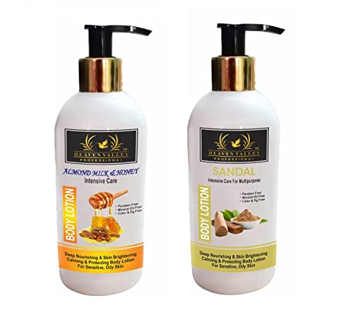 Heaven Valley Almond Milk & Honey Body Lotion 300ml + Sandalwood Body Lotion 300ml - Deep Nourishing, Skin Brightening & Protection for Sensitive & Oily Skin - Perfect for Daily Moisturizing & Nighttime Skincare Routine
