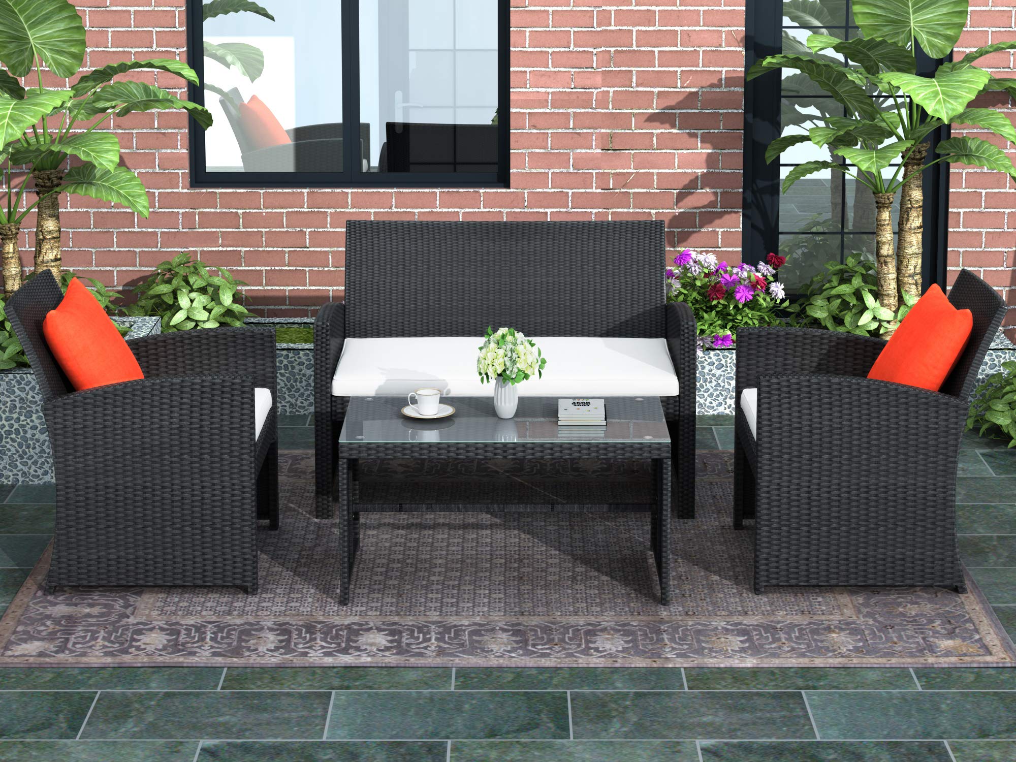 Outdoor Rattan Patio Furniture Set 4-Piece Conversation Set with Cushions & Tempered Glass Table - Black Wicker Sofa for Garden, Lawn, Poolside, Backyard Relaxation & Outdoor Entertaining