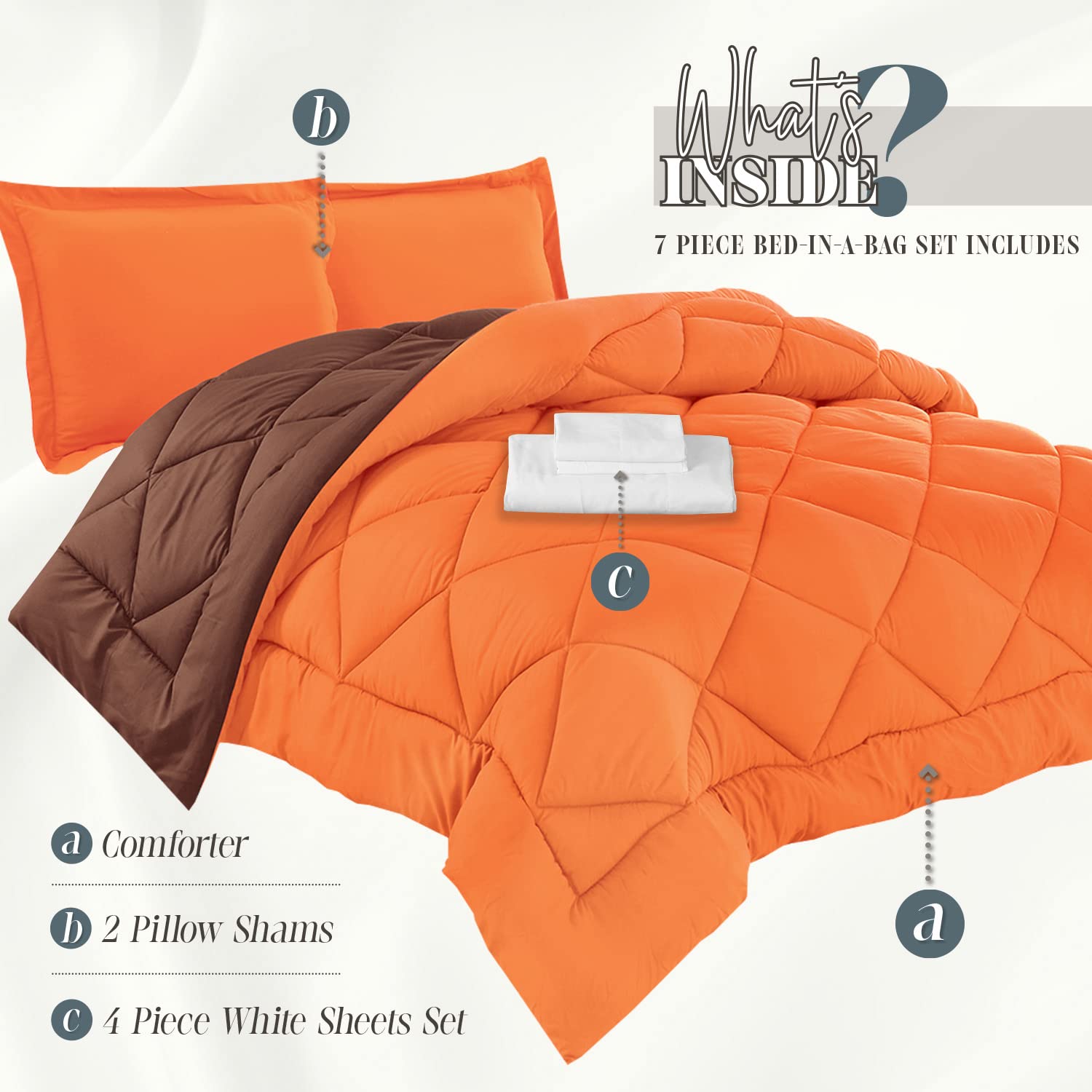 Luxury 7-Piece Twin Size Bed-in-a-Bag Set - 1500 Thread Count Comforter & Sheets, Wrinkle & Stain Resistant, Super Soft & Cozy, Orange/Brown - Perfect for Guest Rooms, Dorms & Cozy Bedrooms