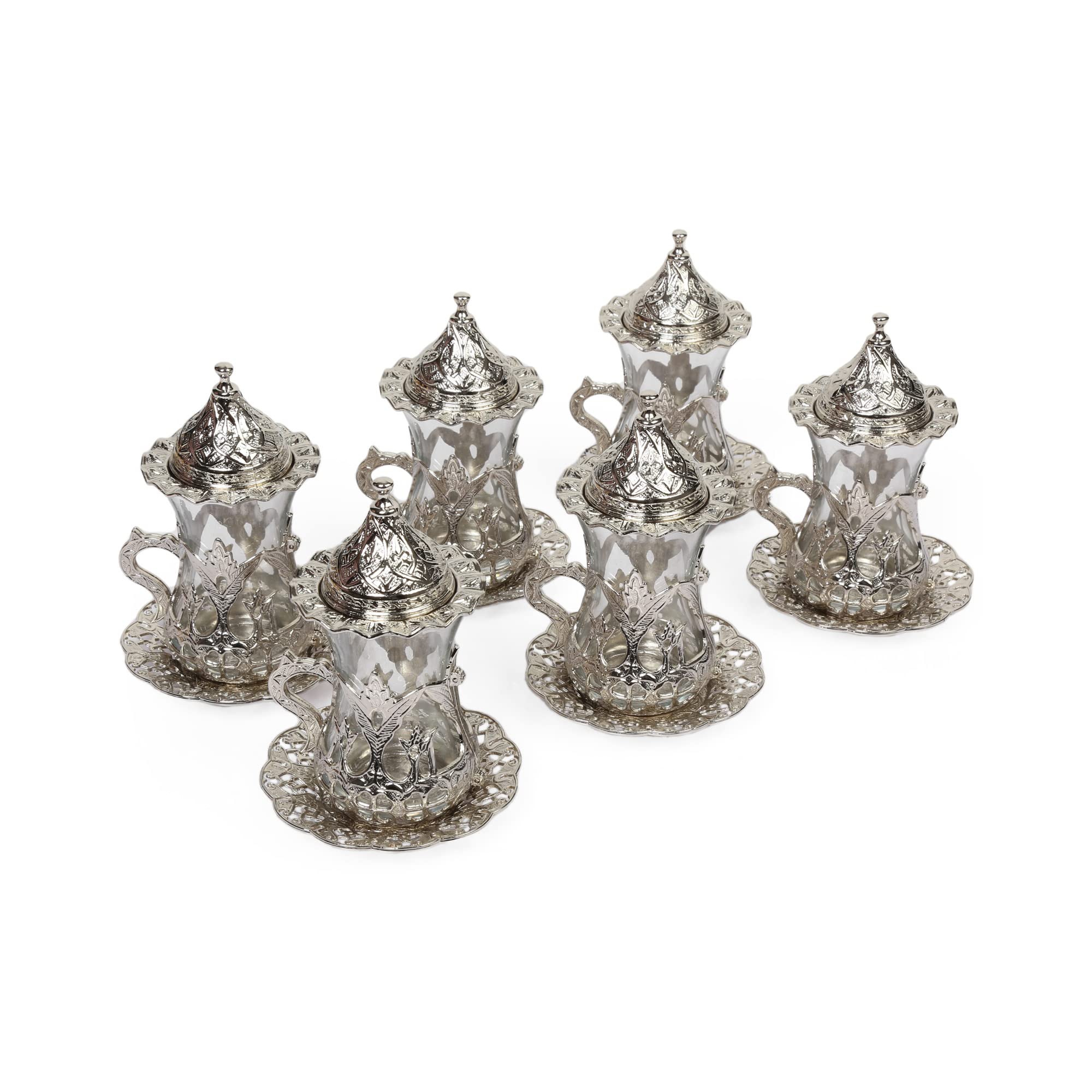 Handmade Turkish Tea Set of 6 - Silver Zamzam Glasses with Saucers - Traditional Middle Eastern Tea Serving Set for Home, Restaurant & Gift Giving