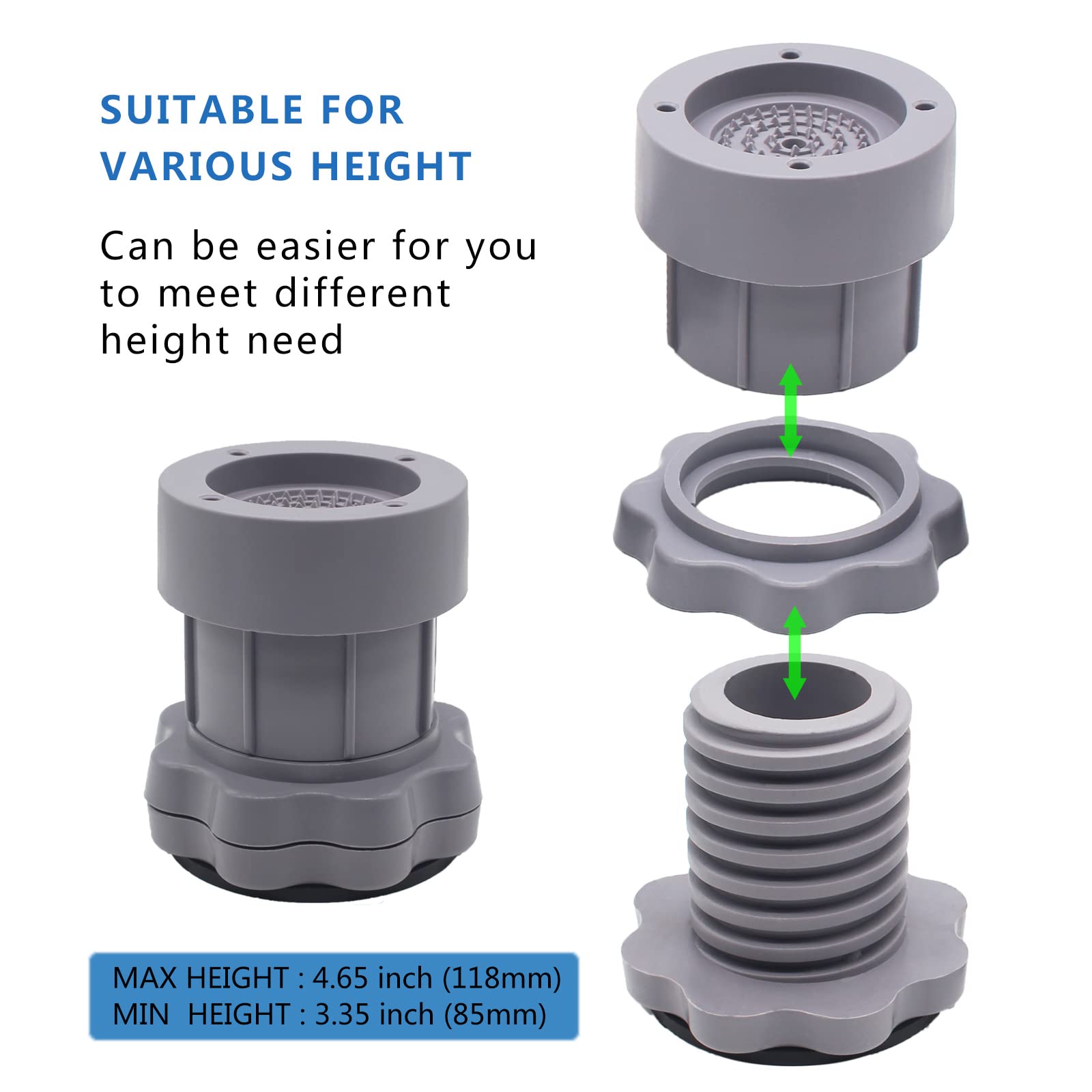4 Sets Heavy Duty 3-4 Inch Adjustable Furniture Bed Risers - Supports Washing Machine, Sofa, Fridge & Chairs (Light Gray) - Perfect for Home, Dorm & Office Organization