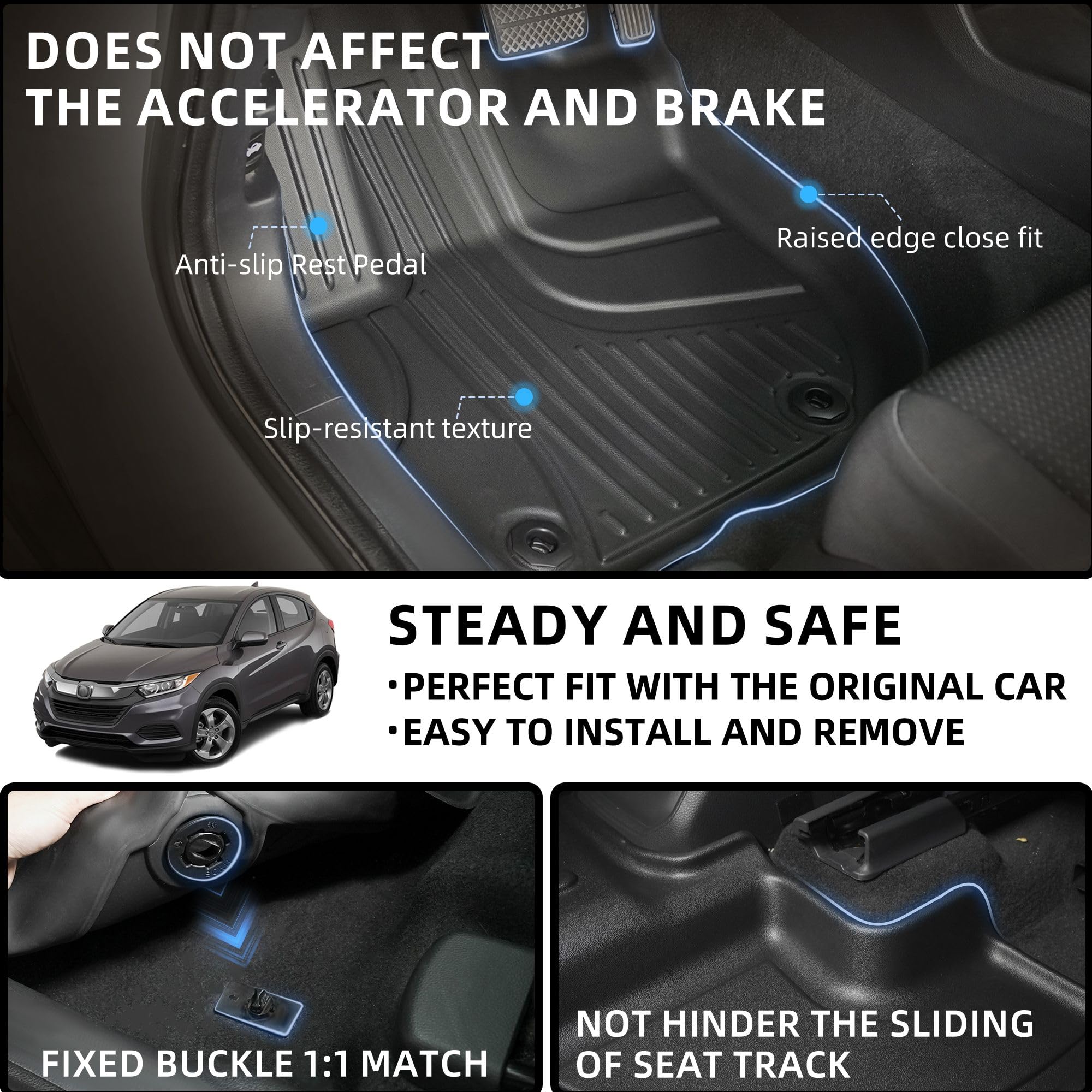 All Weather Floor Mats for 2016-2022 Honda HR-V - Anti-Skid Rubber Car Mats Liners 1st & 2nd Row Black - Perfect for Off-Road, Winter & Everyday Protection