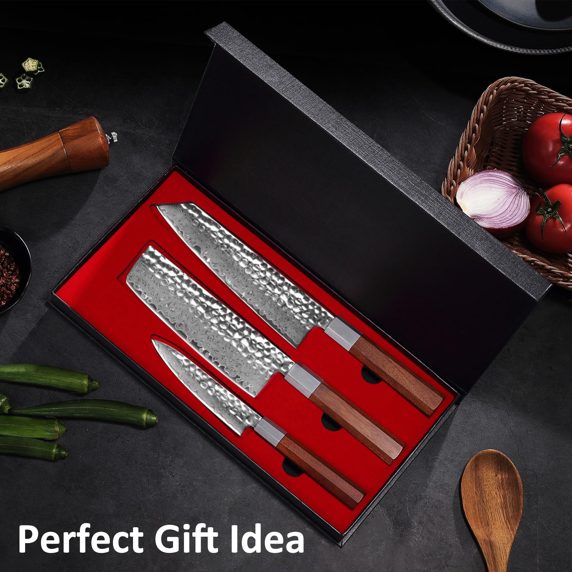 Premium 3-Piece Japanese Damascus Chef Knife Set - Hand-Forged High Carbon Steel Blades, Ultra Sharp Kitchen Knives with Ergonomic Wood Handle - Perfect for Chopping Vegetables, Slicing Meat & Professional Cooking - Ideal Gift for Home Chefs & Culinary Enthusiasts