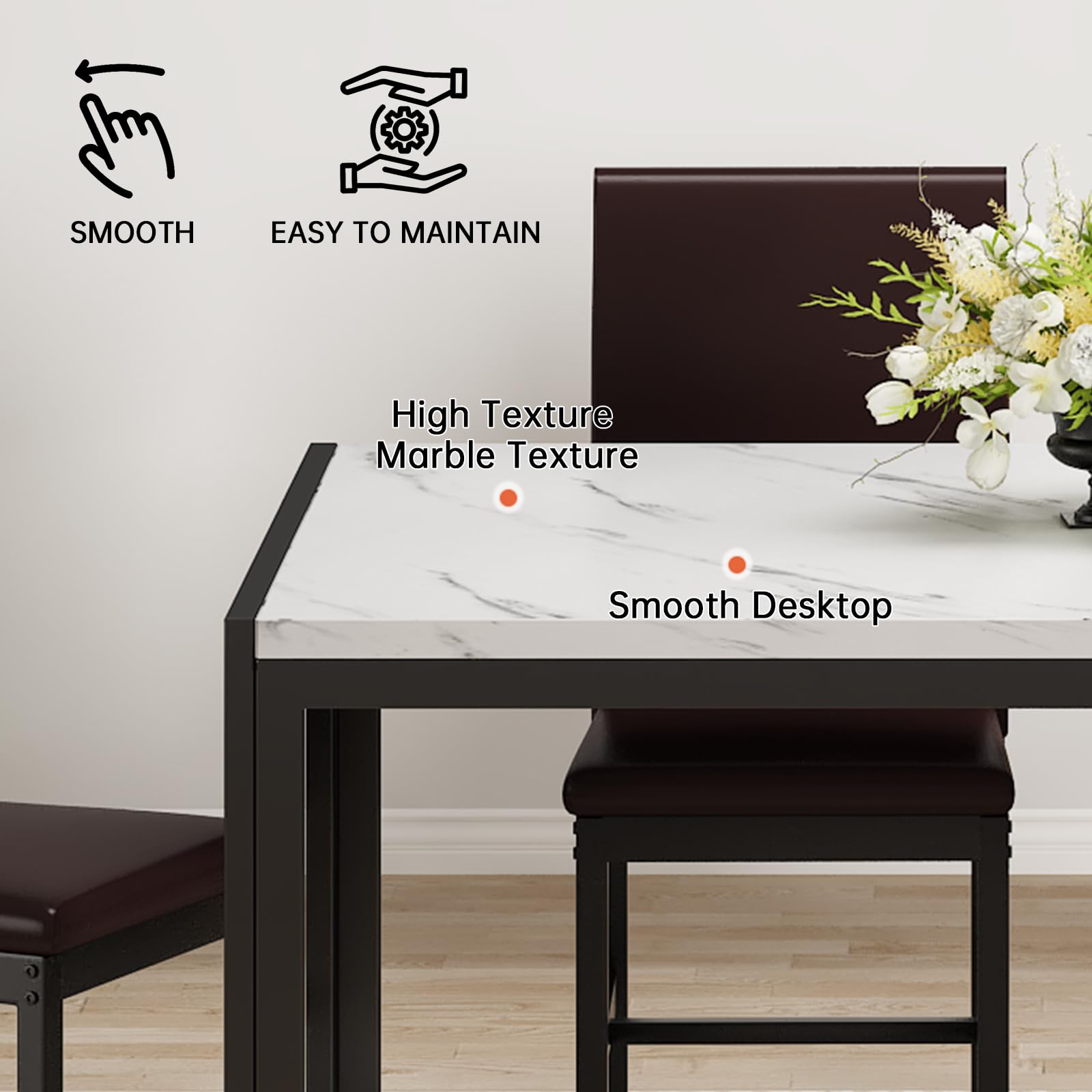 Modern 5-Piece Dining Table Set for 4 - Faux Marble Kitchen Table with Leather Upholstered Chairs, White - Perfect for Small Spaces, Apartments & Cozy Family Dinners