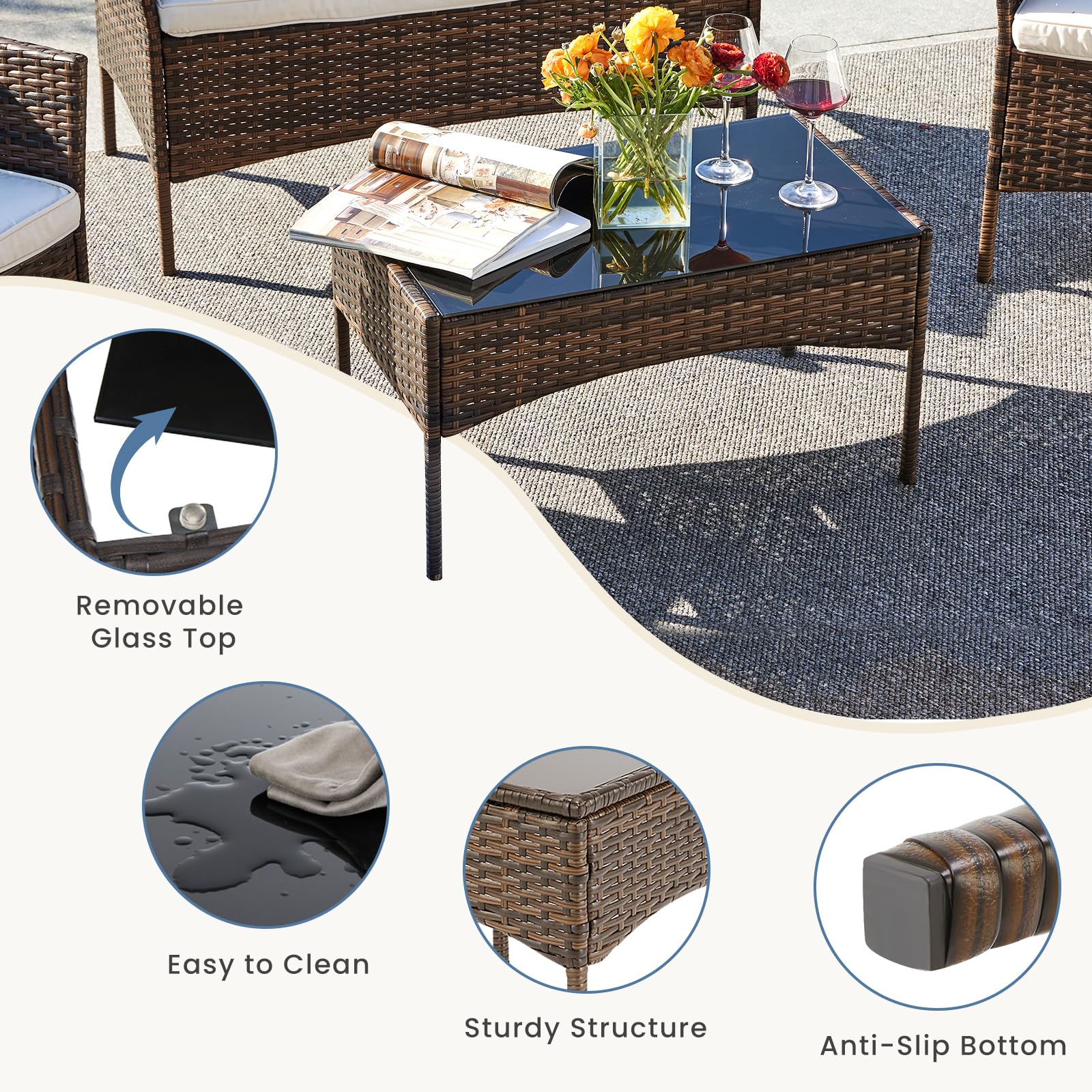 DUMOS 4-Piece Patio Furniture Set - Outdoor Wicker Sofa & Coffee Table - Modern Rattan Conversation Set for Garden, Terrace, Porch, Balcony - Brown & Beige - Perfect for Outdoor Relaxation & Entertaining