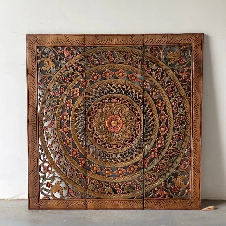 Hand Carved Mango Wood Wall Hanging Panel - Multicolor Boho Home Decor for Living Room, Bedroom & Office