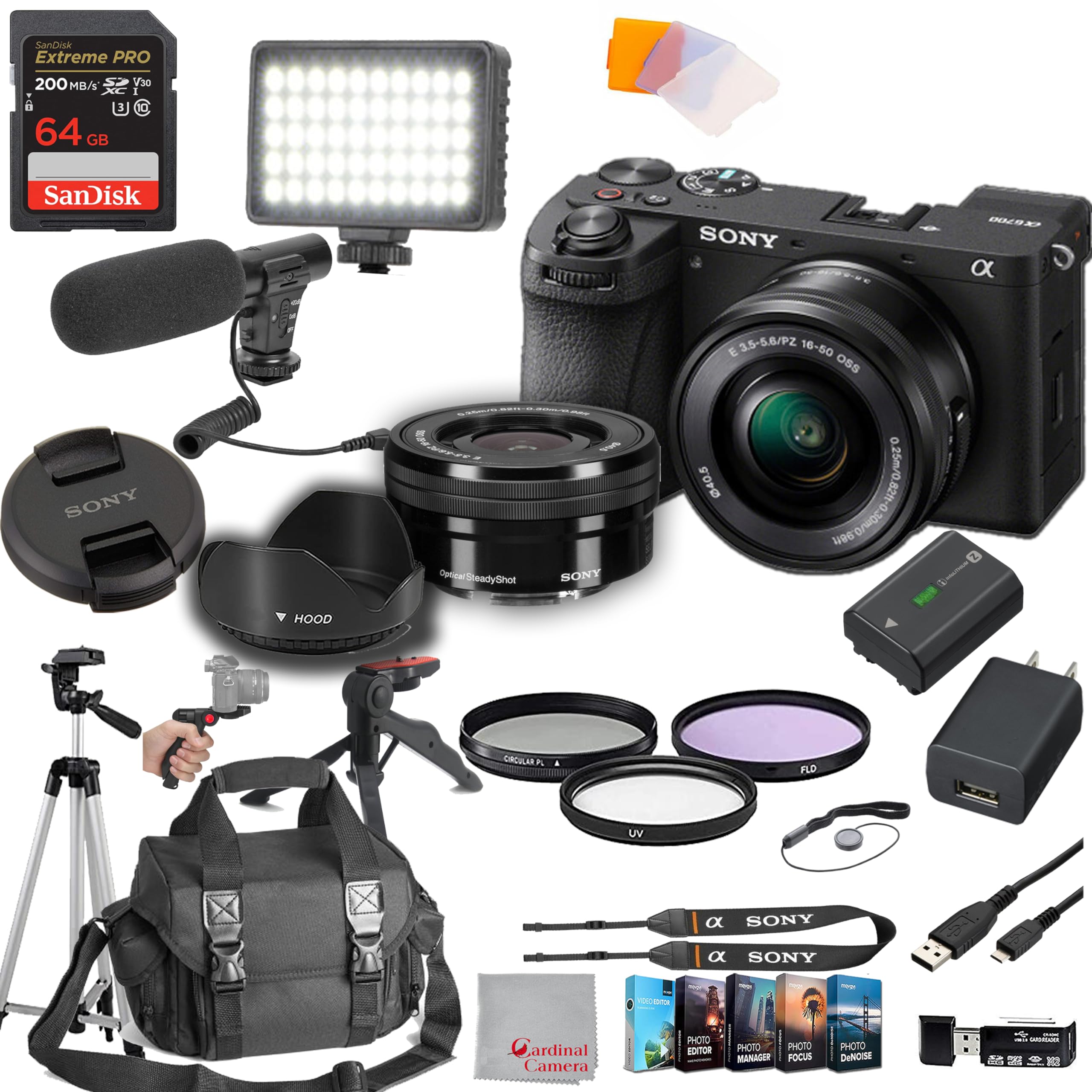 Sony a6700 Mirrorless Camera Kit with 16-50mm Lens | 64GB Extreme Speed Memory Card | Video Microphone | LED Light | Case | Tripod | Filters | Hood | Grip | Professional Editing Software | Perfect for Vlogging, YouTube Content Creation & Travel Photography