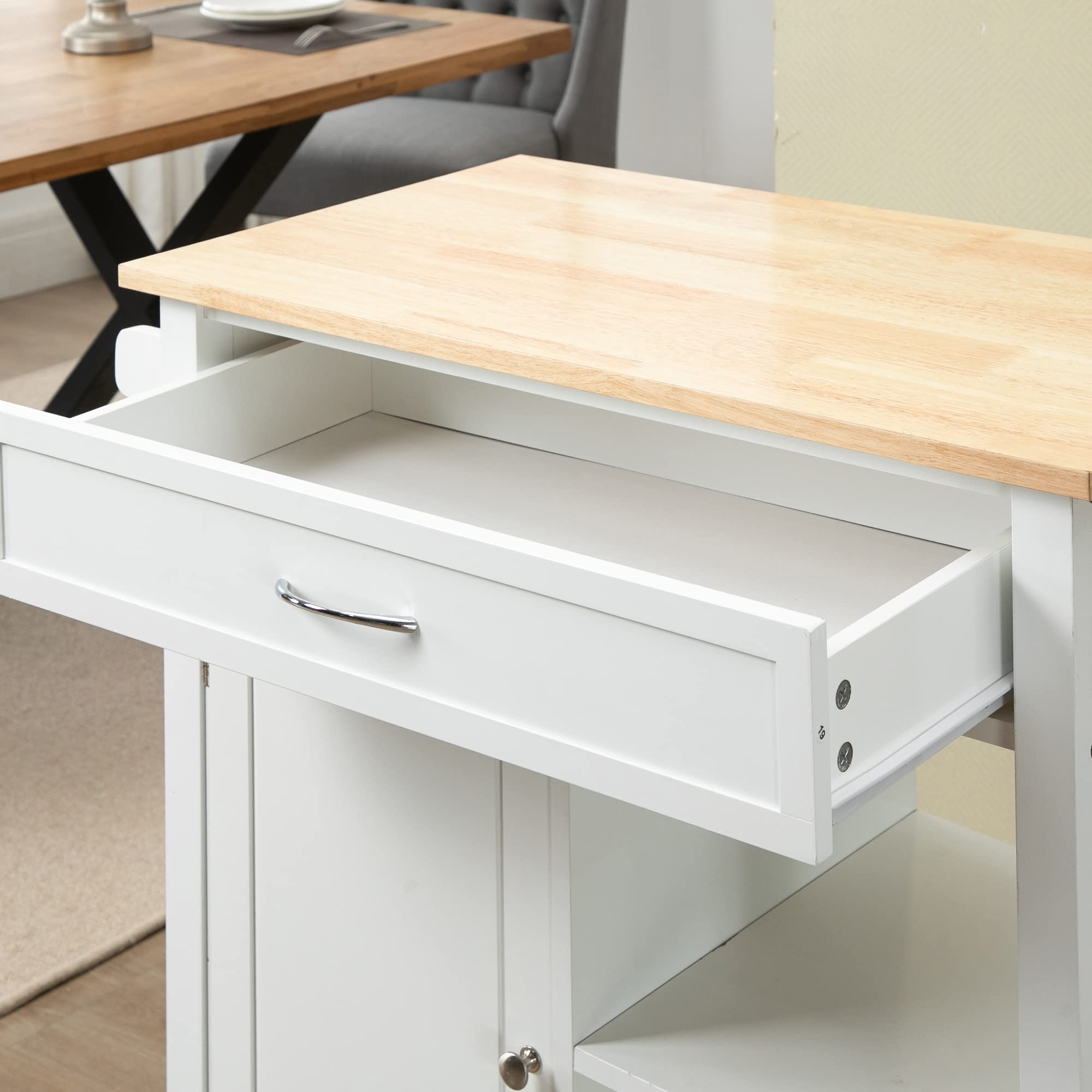 HOMCOM White Kitchen Island Cart with Drawer & Storage Shelf - Solid Wood Top for Dining Room & Small Spaces