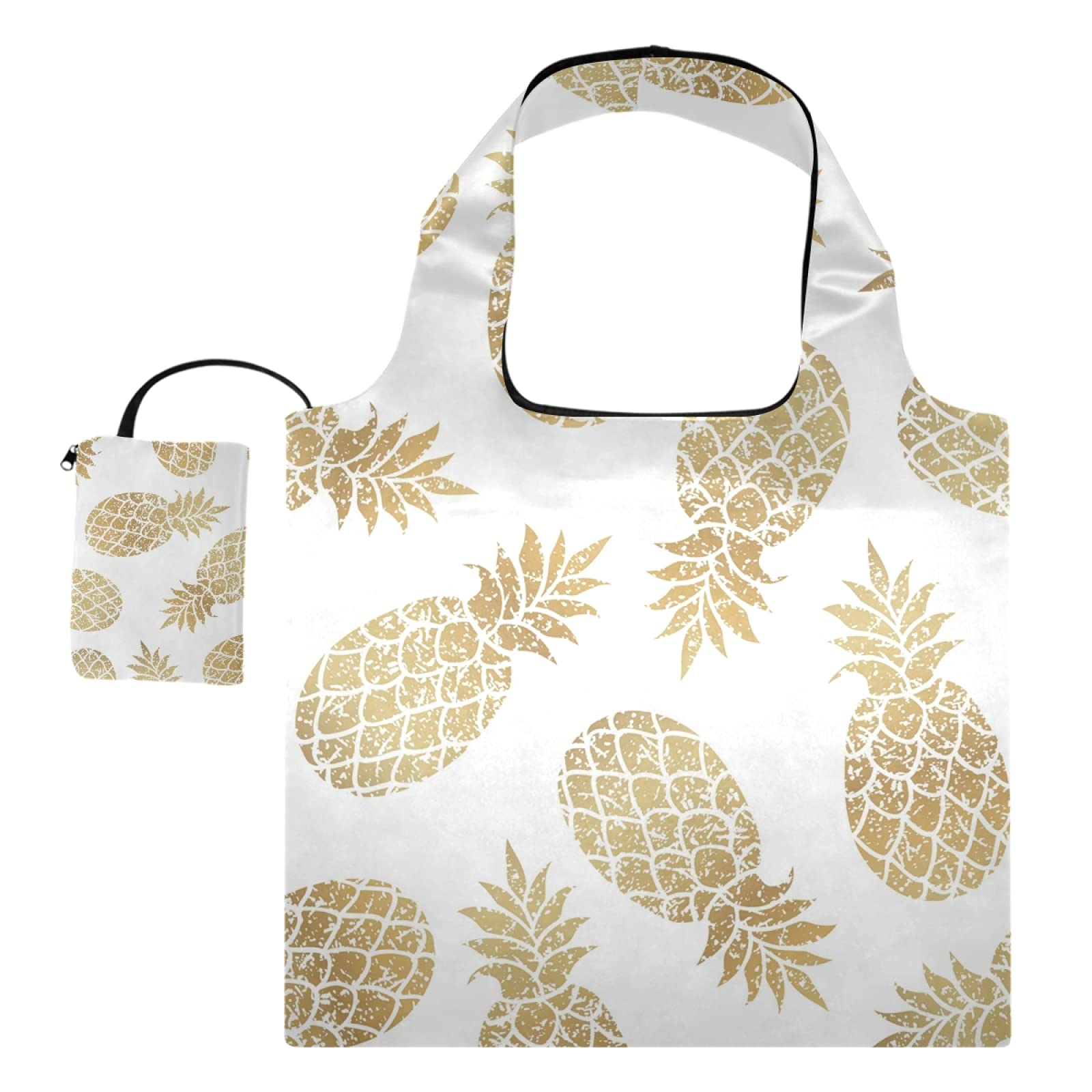 Golden Pineapple Print Foldable Reusable Canvas Tote Bag for Women - Large Eco-Friendly Shopping Grocery Shoulder Bag - Perfect for Travel, Beach, Picnics & Outdoor Activities