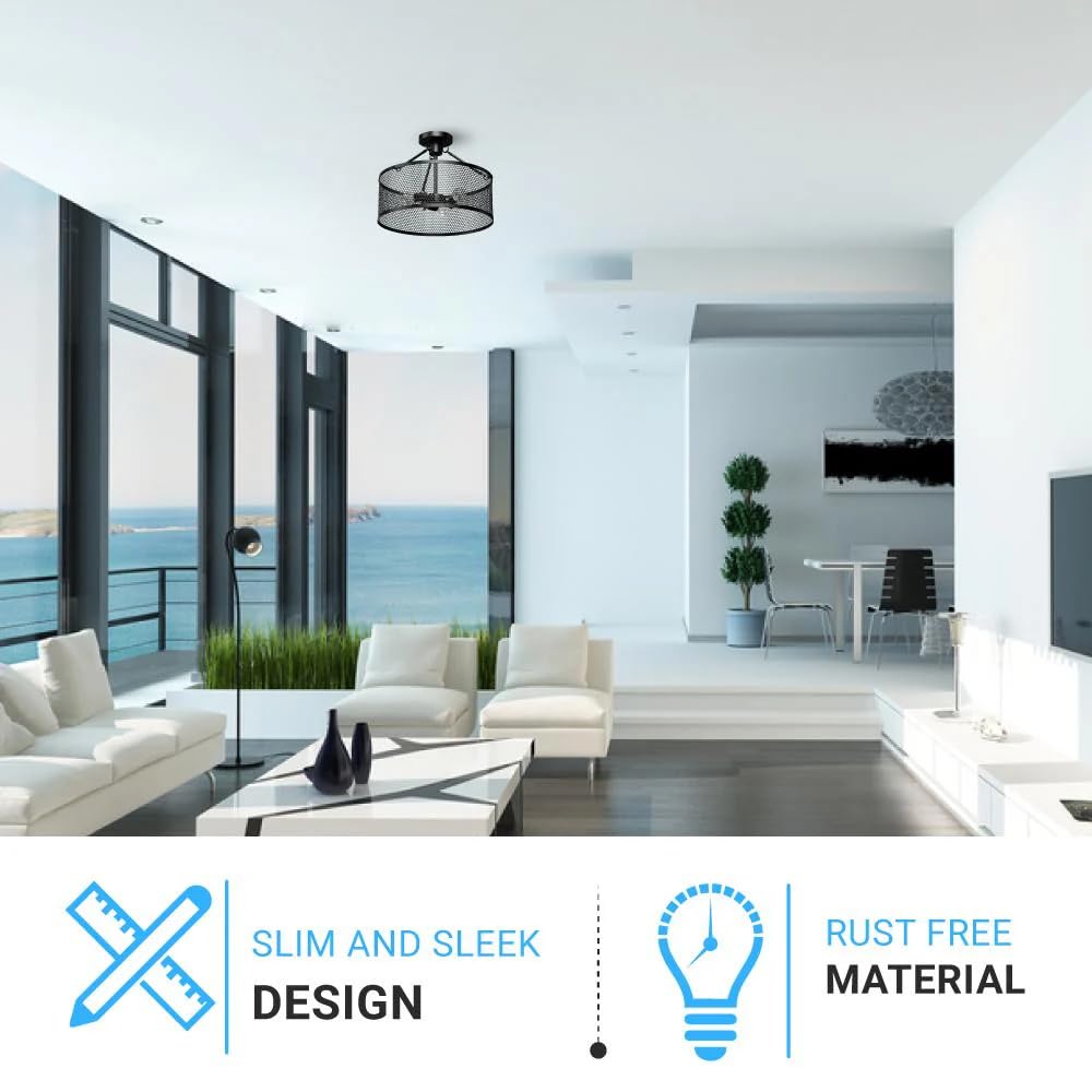 LEDMyplace 3-Light Drum Semi Flush Mount Ceiling Light Fixture - Matte Black Steel Cage, UL Listed, Farmhouse Style - Perfect for Bedroom, Living Room & Hallway - E26 Base (Bulb Not Included) | Modern Home Lighting for Cozy Ambiance & Energy-Efficient Illumination
