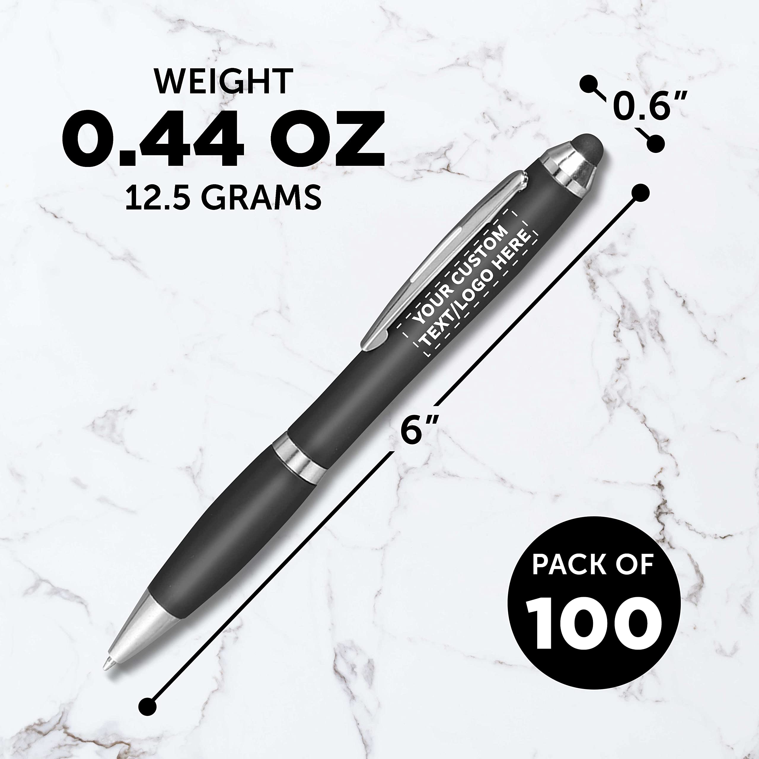 Custom Plastic Stylus Pens Bulk Pack of 100 - Personalized Black Ink Stylus for Touchscreens - Perfect for Office, School, Business, Tradeshows & Events - Great for Tablets, iPads, Smartphones & Digital Signatures