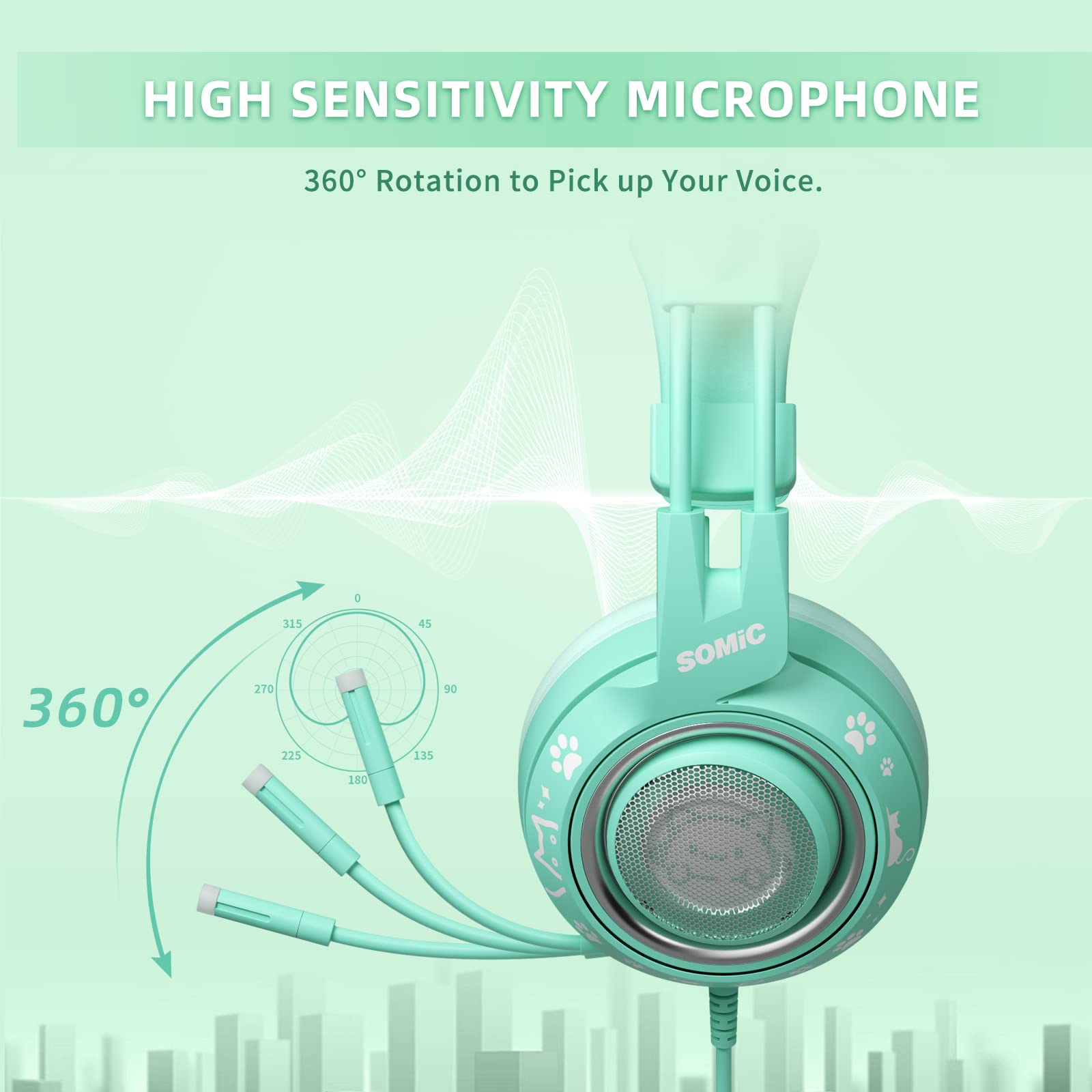 SOMiC G951S Green Cat Ear Gaming Headset with Microphone - Noise Cancelling Over-Ear Headphones for PS5, PS4, Xbox One, PC - Stereo Sound with In-Line Mic Control - Perfect for Women Gamers, Streaming & Online Classes