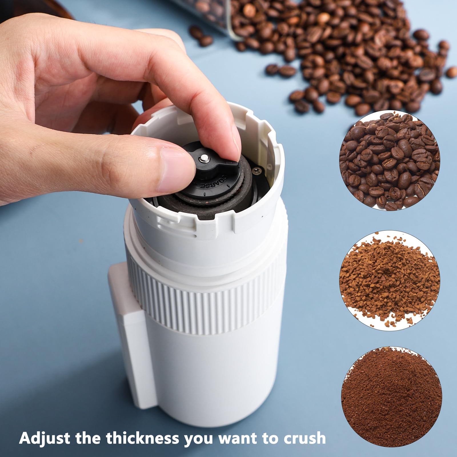 Premium Electric Coffee Grinder with Conical Burr - Adjustable Grind Settings for Espresso, French Press & Drip Coffee - Compact & Portable Travel Coffee Grinder (White) - Perfect for Home, Office & Camping Use