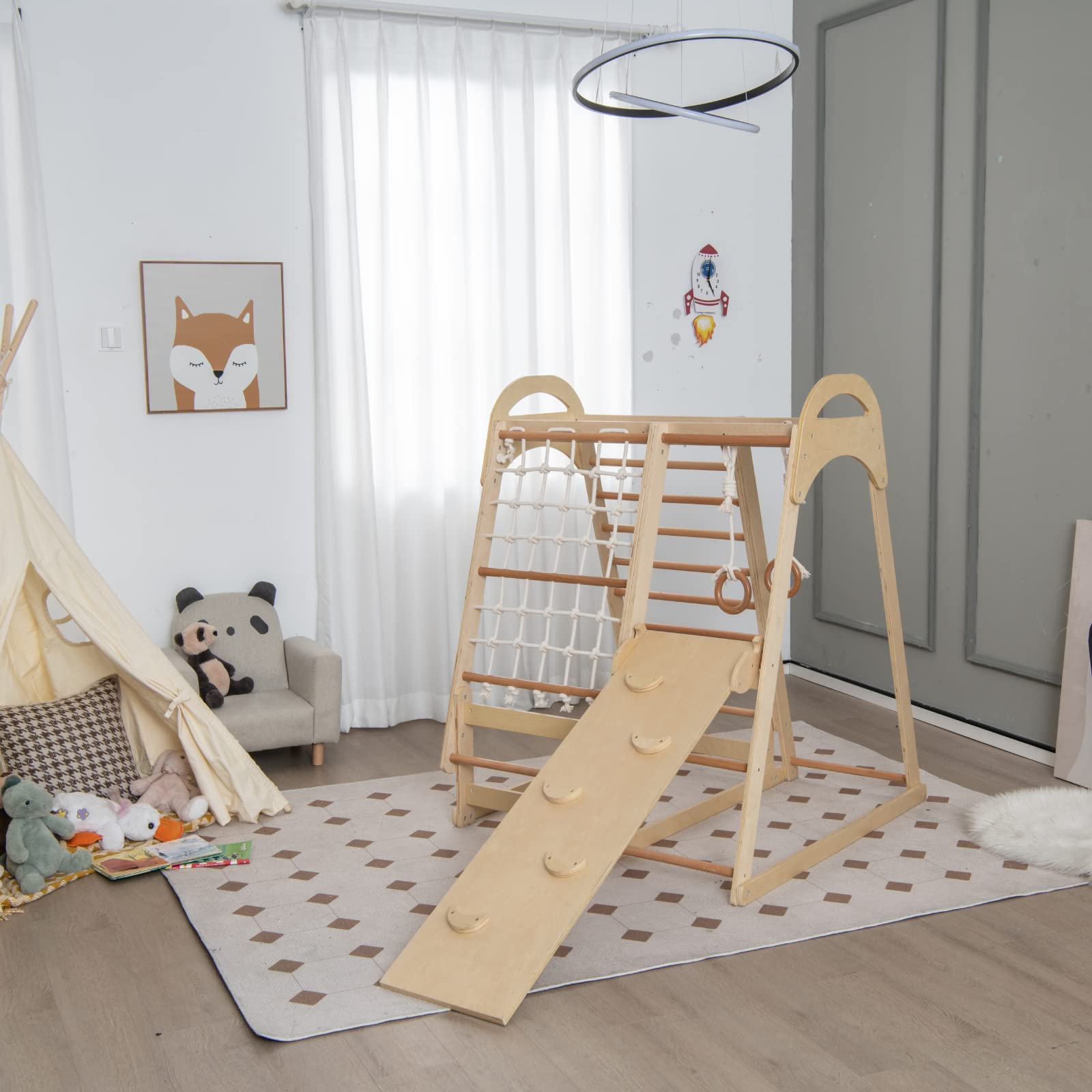 Costzon 7-in-1 Indoor Jungle Gym for Toddlers - Montessori Climbing Toys with Slide, Climbing Net & Gymnastic Rings - Wooden Playground Climber Playset for Kids Ages 3+ | Perfect for Indoor Playrooms, Daycares & Birthday Gifts