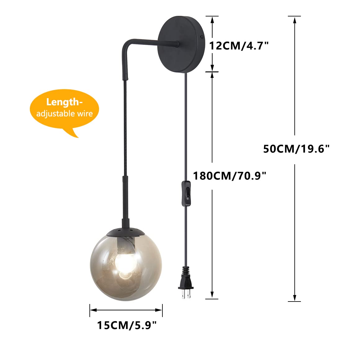 Modern Smoke Gray Glass Wall Sconce Lighting - Set of 2 Plug-in Cord Mid Century Matte Black Wall Lights for Bathroom Vanity & Bedroom - Energy Efficient Globe Fixture for Home Decor (Smoke Gray)