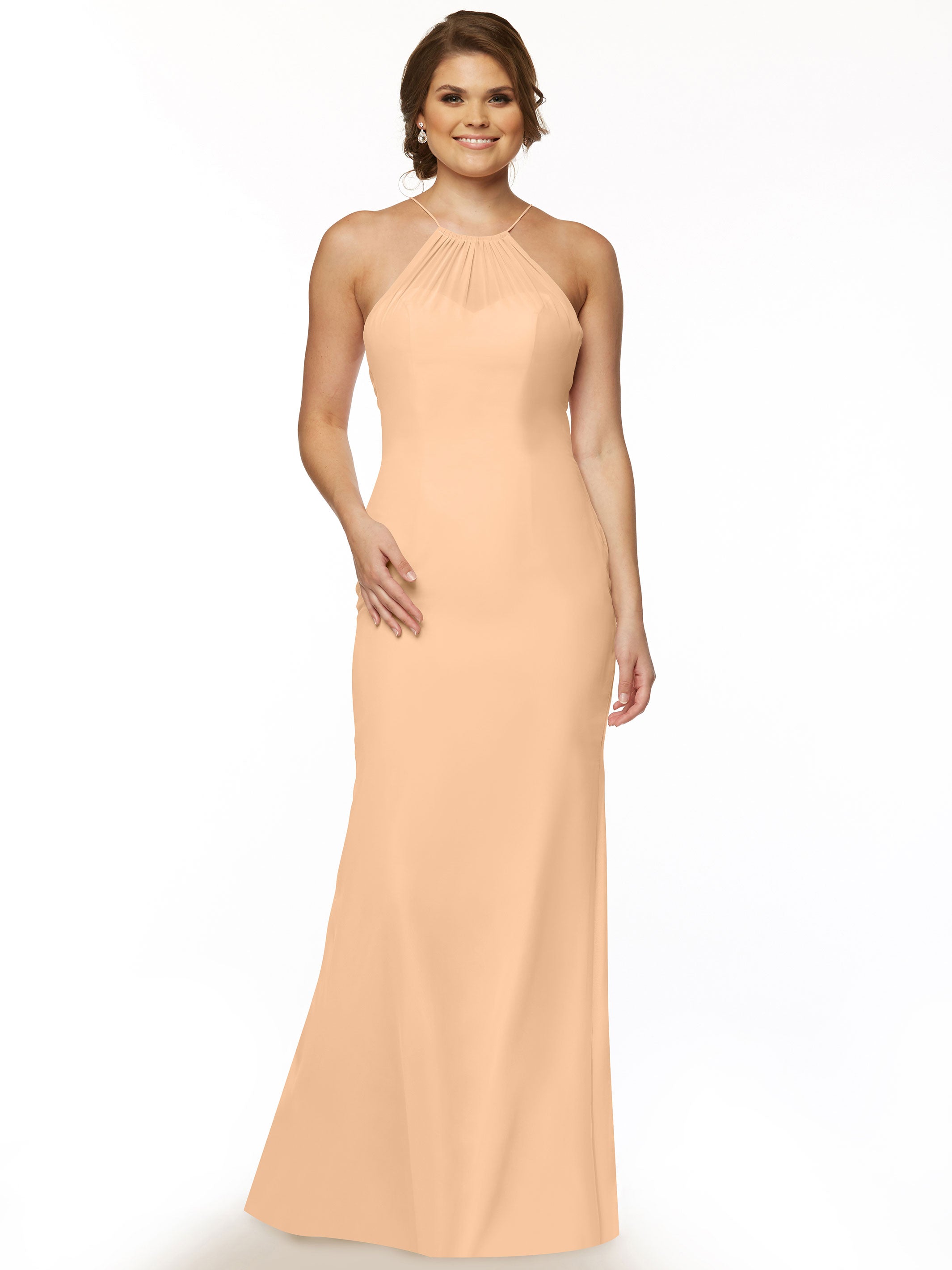 Elegant 80083 Fit and Flare Chiffon Bridesmaid Dress with Halter Neckline - Perfect for Weddings, Formal Events & Special Occasions