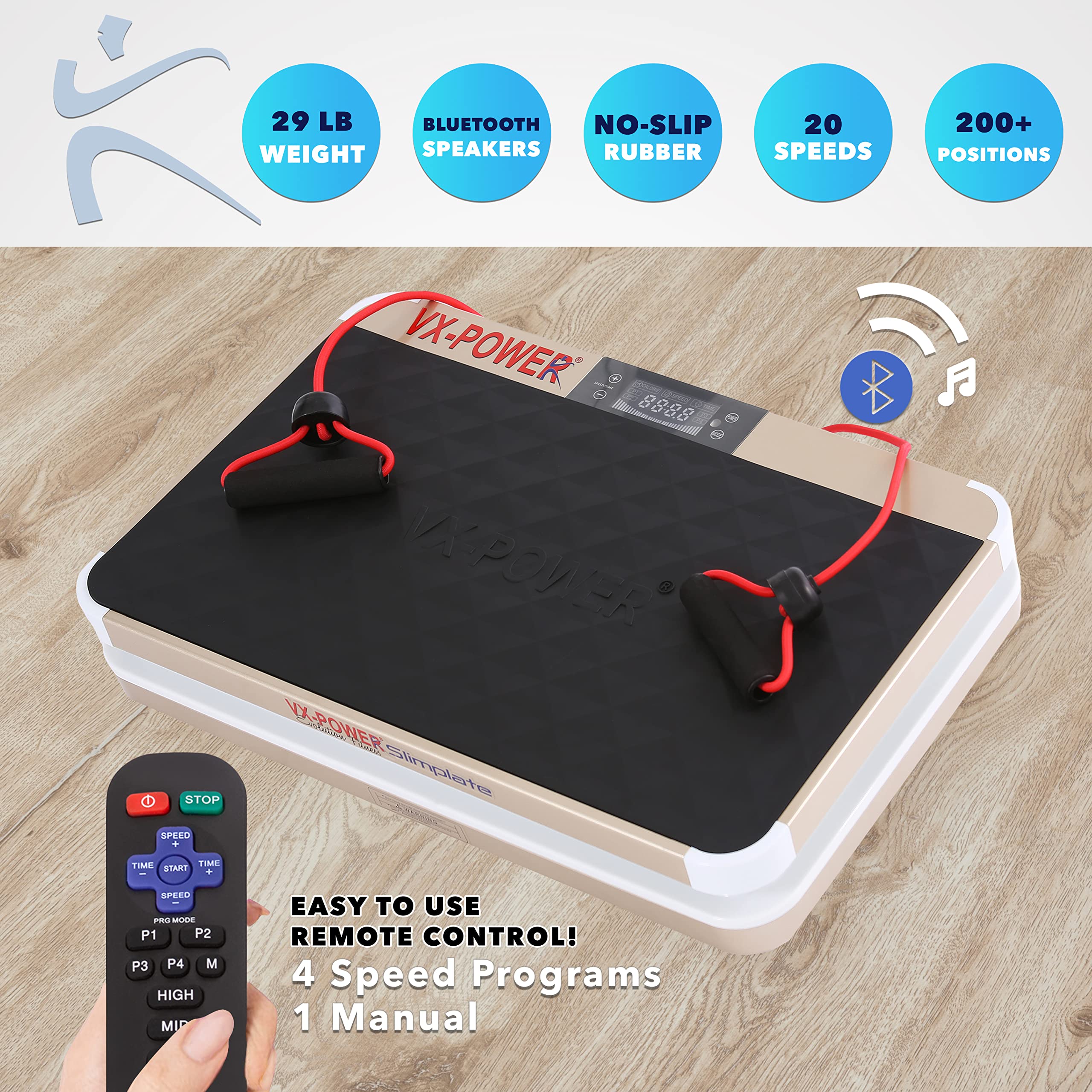 VX-Power SlimPlate Digital Vibration Platform - Whole Body Oscillating Exercise Machine with Resistance Bands & Bluetooth Speakers for Home Cardio, Weight Loss, Muscle Toning & Fitness - Perfect for Home Gym, Workout Recovery & Relaxation