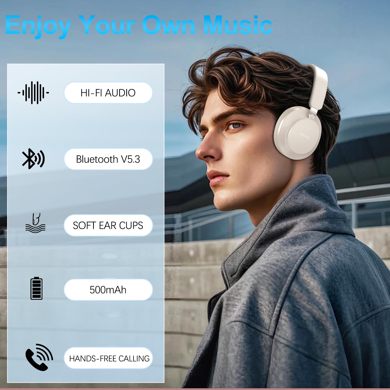Premium Wireless Noise Cancelling Headphones with Bluetooth 5.0 - Over Ear Headset with Built-in Mic, 65H Playtime & Crystal Clear Calls - Comfort Fit for Travel, Work & Gaming (Beige)