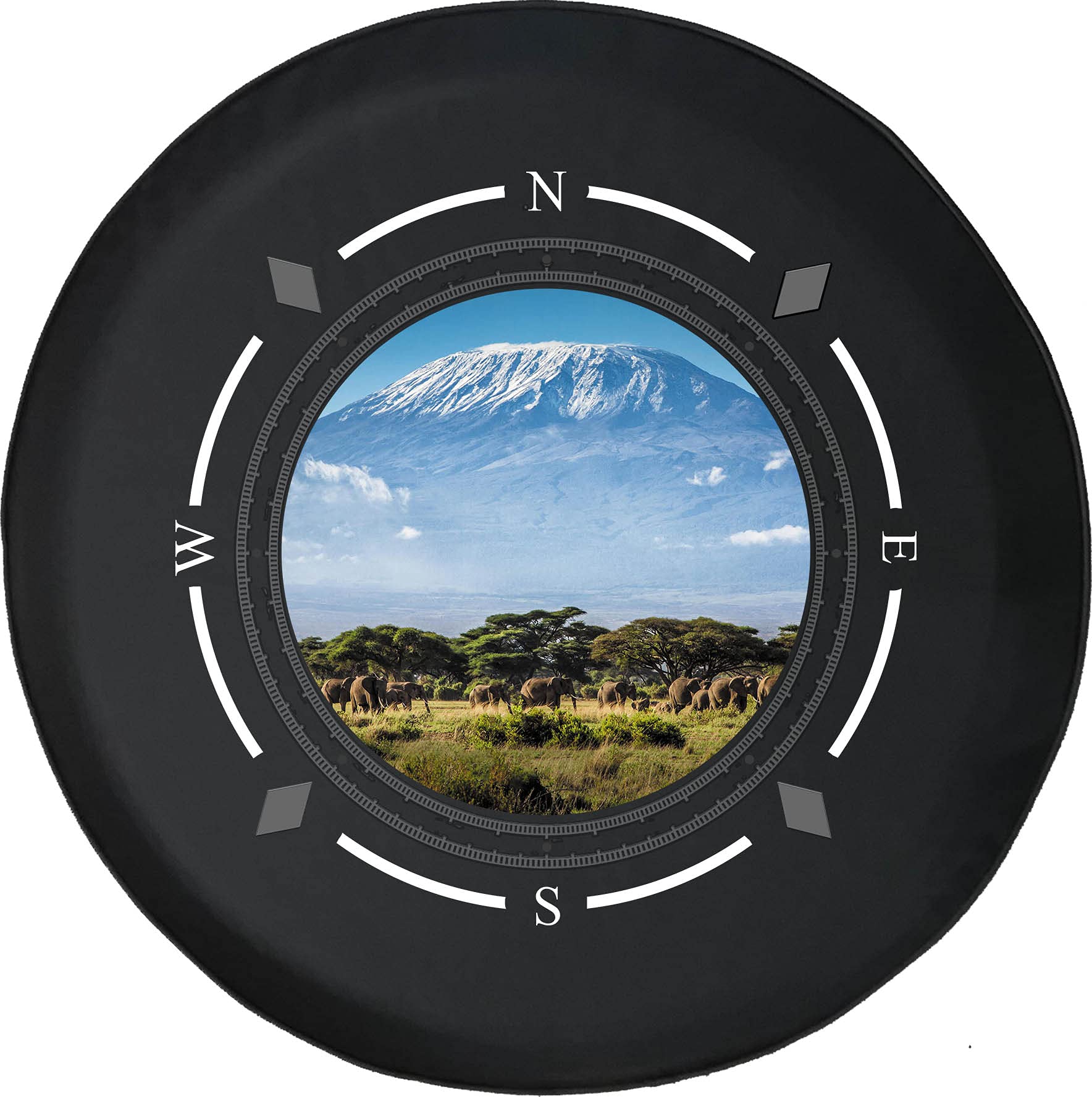American Unlimited Spare Tire Cover with Compass Mount - Kilimanjaro Safari Elephant Design - Universal Fit for SUV, Trailer, RV & Most Vehicles - Perfect for Off-Road Adventures & Camping Trips