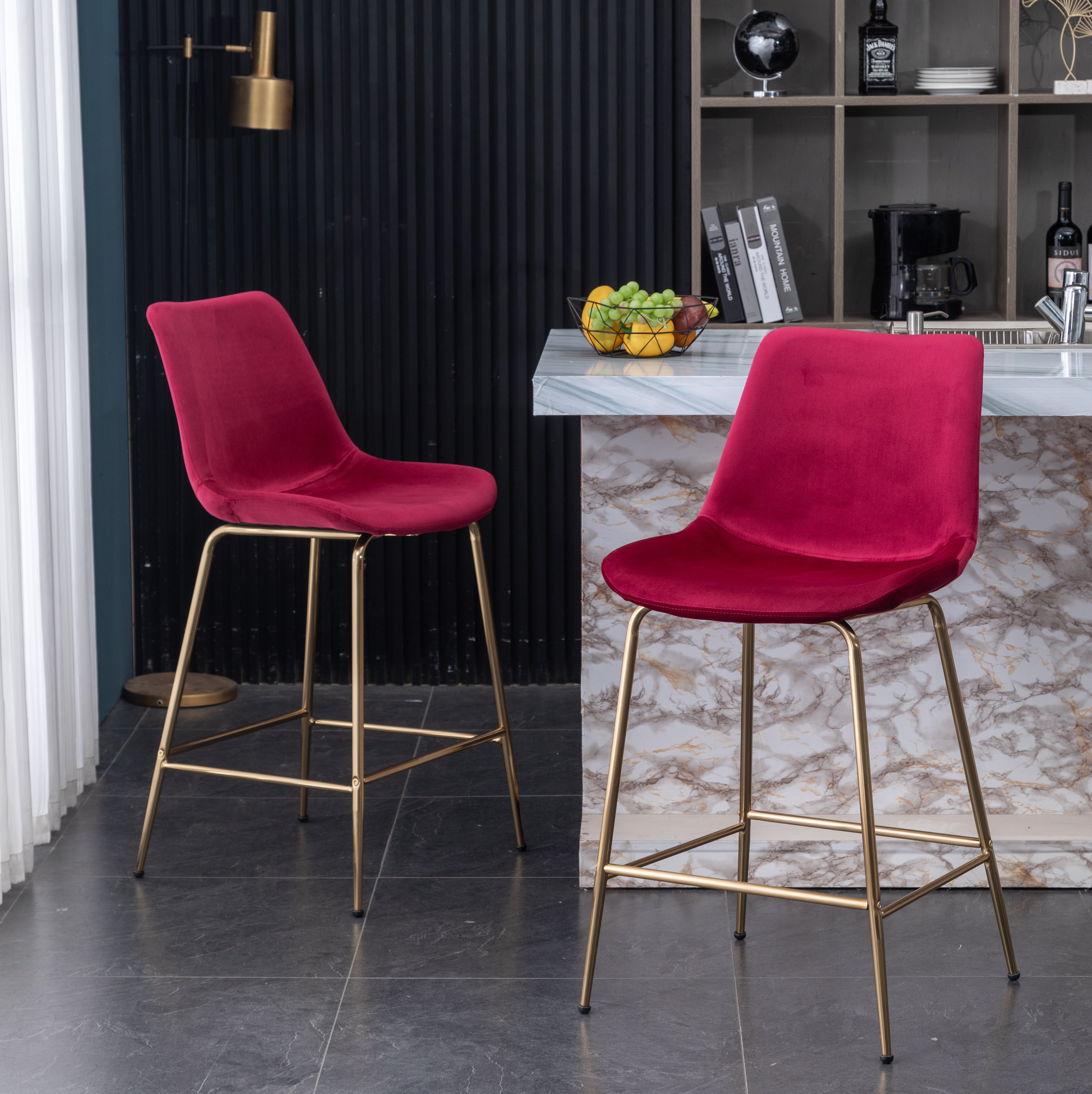 Roundhill Furniture Aufurr Modern Velvet Counter Height Bar Stools - Set of 2, 26.5 Inch Height, Rich Red Velvet Upholstery - Perfect for Kitchen Islands, Breakfast Bars & Home Decor
