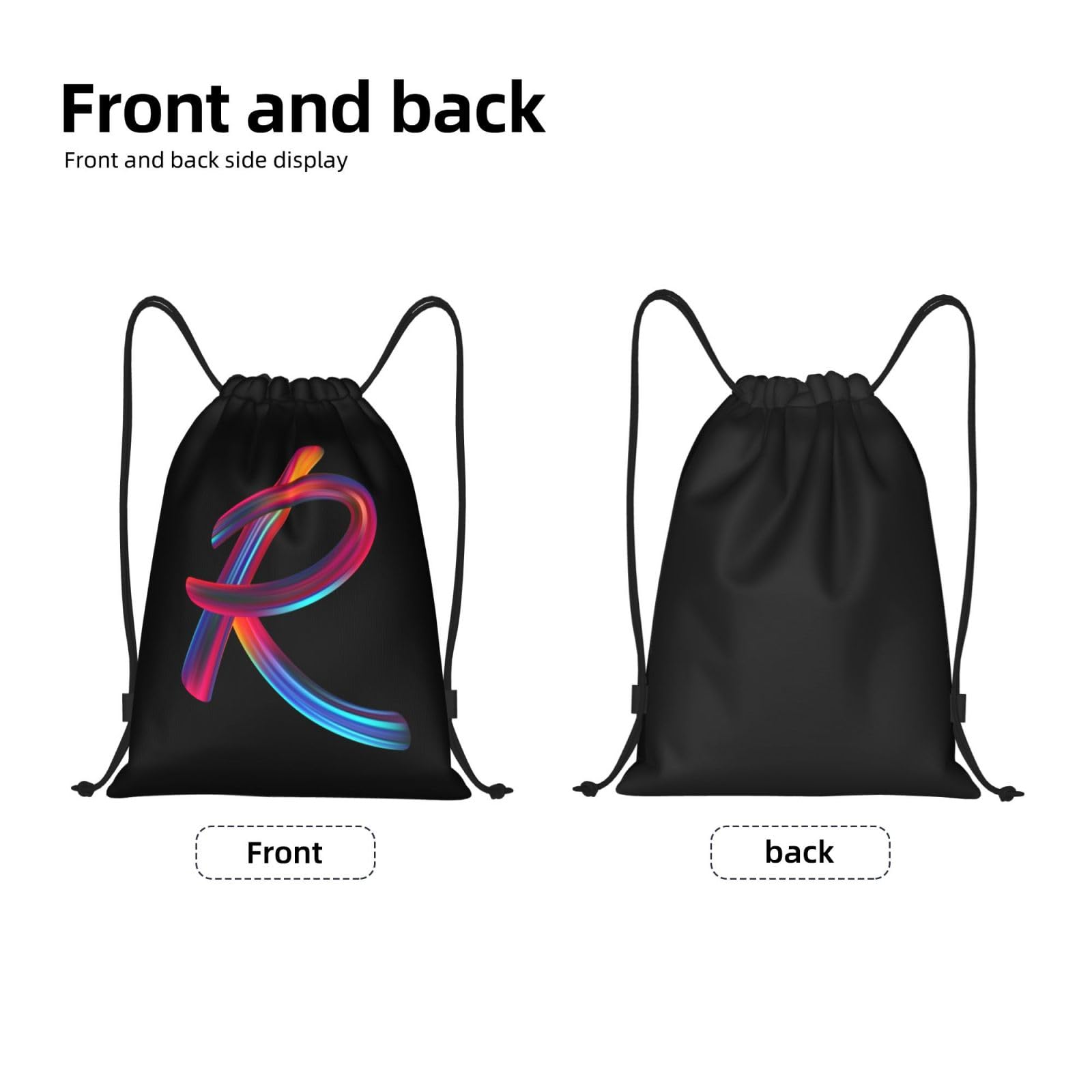 Custom Initial Drawstring Backpack - Black Cinch Sackpack for Sports, Gym, Travel, Swimming, Beach & Camping - Personalized Letter R Design - Perfect for Workouts, Vacations & Outdoor Adventures