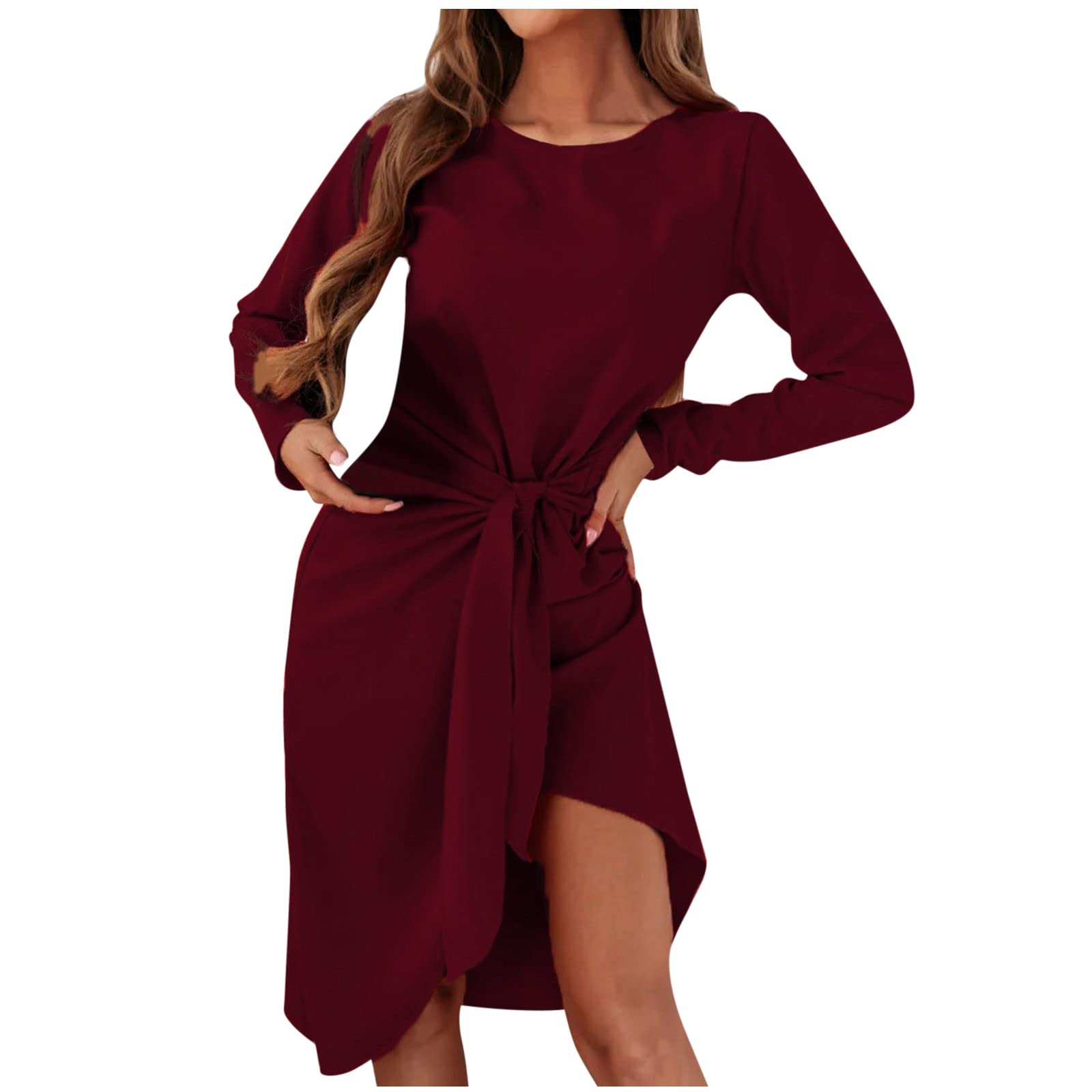 FMCHICO Women's Casual Long Sleeve Crewneck Solid Color Tie Waist Bodycon Dress - Slim Fit Stretchy Party & Office Wear for Women