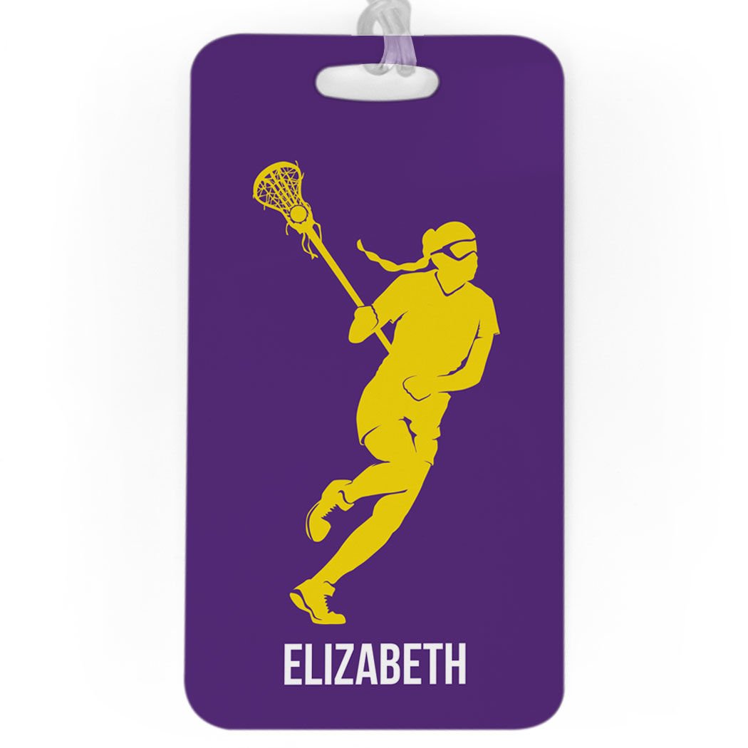 Personalized Girls Lacrosse Bag Tag - Custom Lax Player Design with Standard Lines | Large Purple & Yellow Sports Luggage Tag for Travel & Team Gear | Perfect for Lacrosse Players, Tournaments & School Sports Equipment