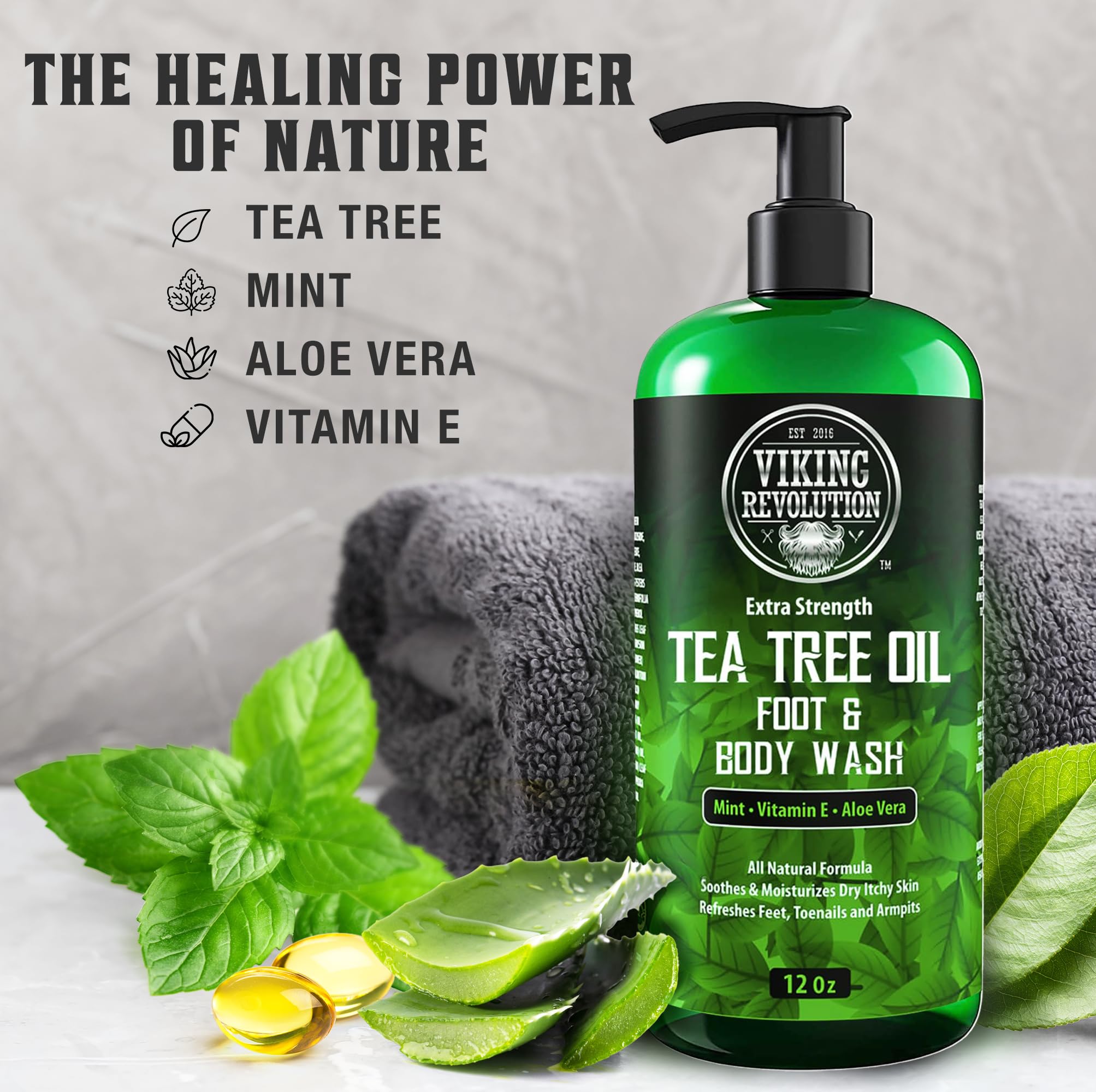 Viking Revolution Tea Tree Body Wash for Men - Extra Strength Formula with Tea Tree Oil - Helps with Athlete's Foot, Jock Itch, Eczema & Body Odor - Refreshing Men's Body & Foot Wash - Ideal for Post-Workout, Gym & Daily Shower Use
