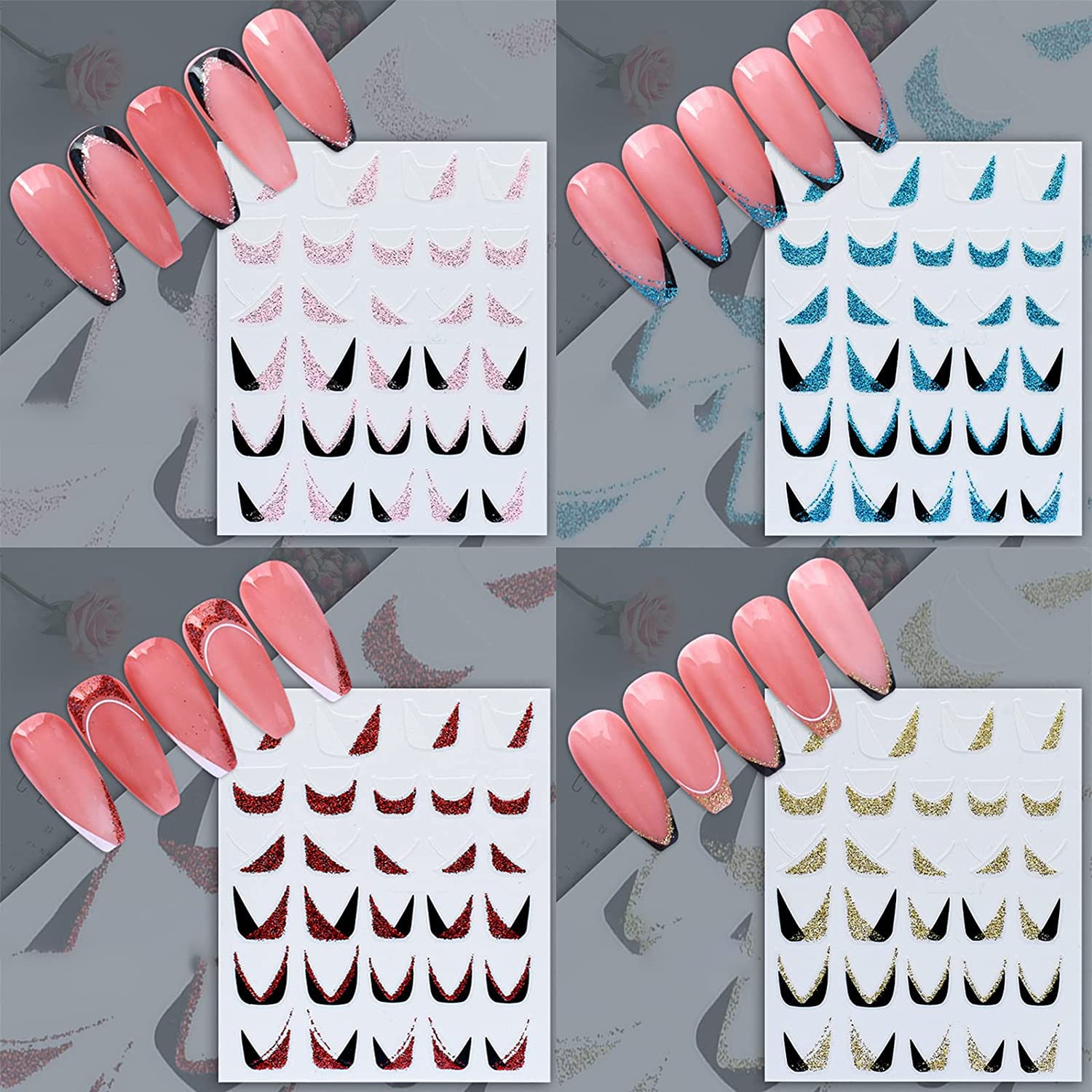 SILPECWEE 12 Sheets French Tip Nail Stickers - Glitter Nail Art Decals, Self-Adhesive 3D Nail Designs for French Manicure | Perfect for DIY Nail Art, Salon Use, Parties & Special Occasions