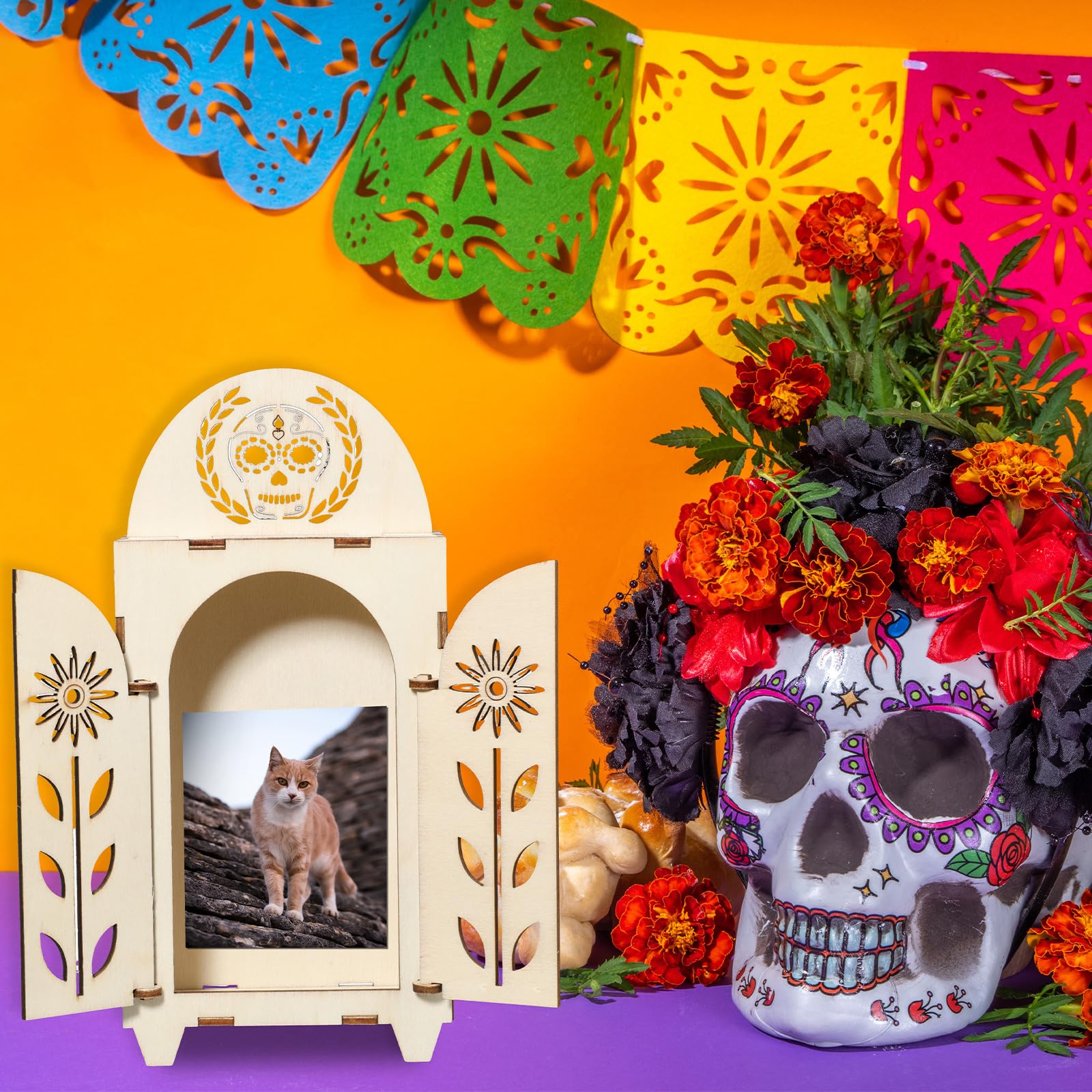 Soaoo Dia De Los Muertos Shadow Box - Wooden Day of The Dead Altar Decor with Skull & Papel Picado - Ofrenda Supplies & Remembrance Picture Frame (1 Piece) - Perfect for Home Altars, Halloween Decor & Mexican Culture Celebrations