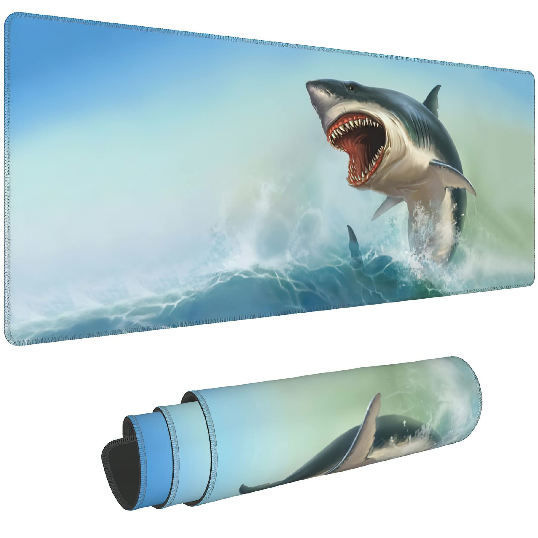 Elightvap XXL Gaming Mouse Pad - Shark Design Extended Non-Slip Rubber Base with Stitched Edges - 35.5