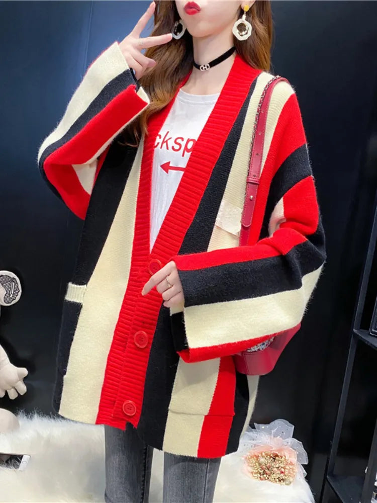 Women's Striped Knit Cardigan Sweater Coat - Loose Long Sleeve Top for Autumn Winter 2024 | Cozy Fall Layering Piece, Office Wear & Casual Outfit Essential