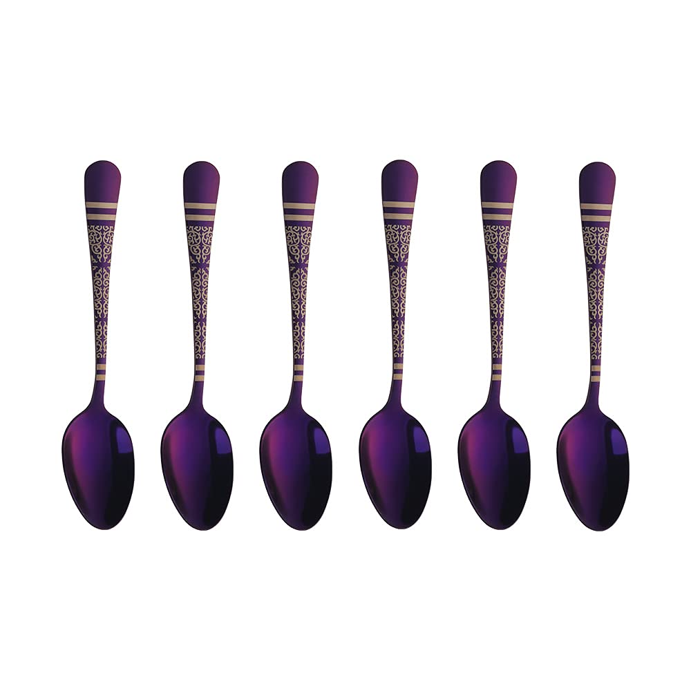 Premium Stainless Steel Espresso Spoons Set of 6 - 5.5 Inch Unique Purple Pattern Design Mini Tea Spoons for Coffee, Dessert, Demitasse | Elegant Silverware for Home, Cafe & Restaurant Use