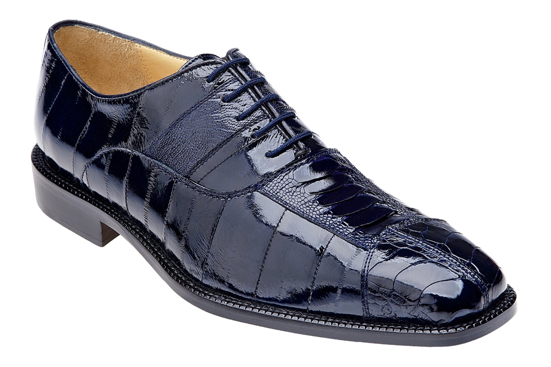 Belvedere Mare Genuine Ostrich & Eel Leather Dress Shoes for Men - Navy Blue Luxury Formal Business Shoes | Perfect for Weddings, Office & Special Occasions