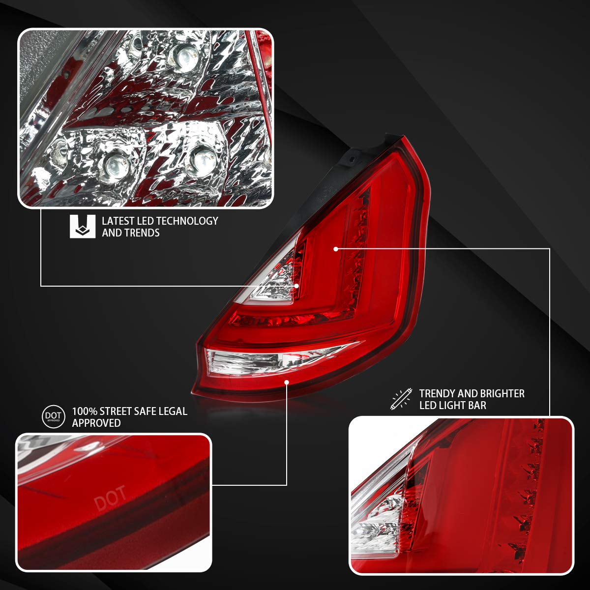 AUTOZENSATION LED Tail Lights for 2011-2013 Ford Fiesta Hatchback - Left & Right Pair Assembly with Red Lens & LED Light Bar - Upgrade Your Car's Rear Lighting Style